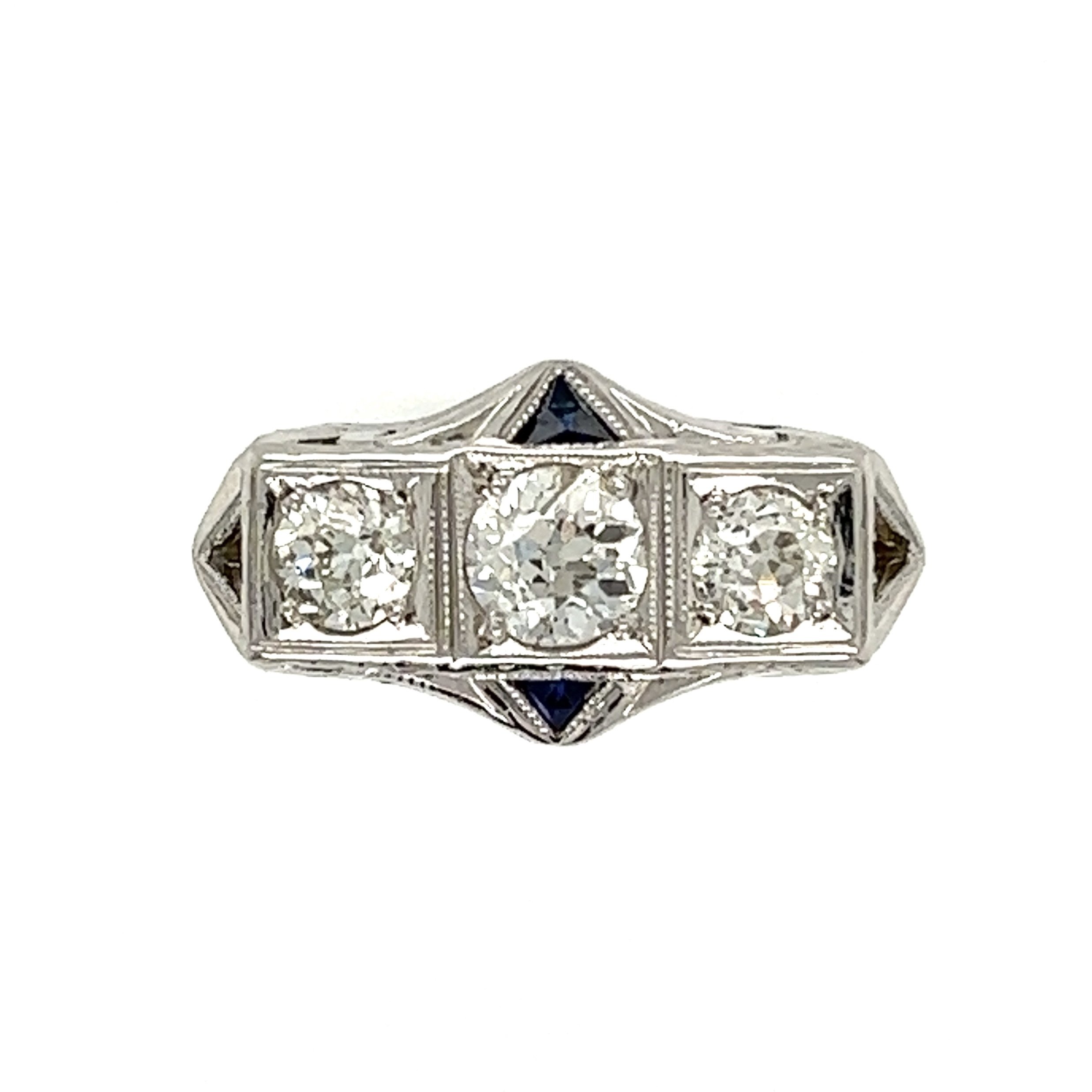 18K WG Art Deco 3 Diamond .75tcw & Blue Stone Ring 4.1g, s6.5