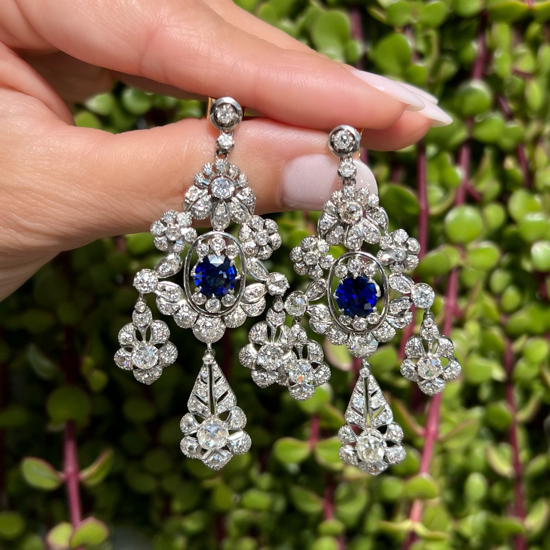 Platinum Art Deco Revival 3.68tcw Sapphire & 8.50tcw Diamond Earrings 29.1g, 2 .5"