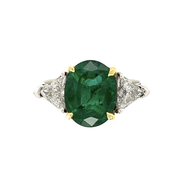 Closeup photo of Plaitnum 3.74ct Oval Emerald & .63tcw Trillion Diamond Ring 10.2g, s7.5