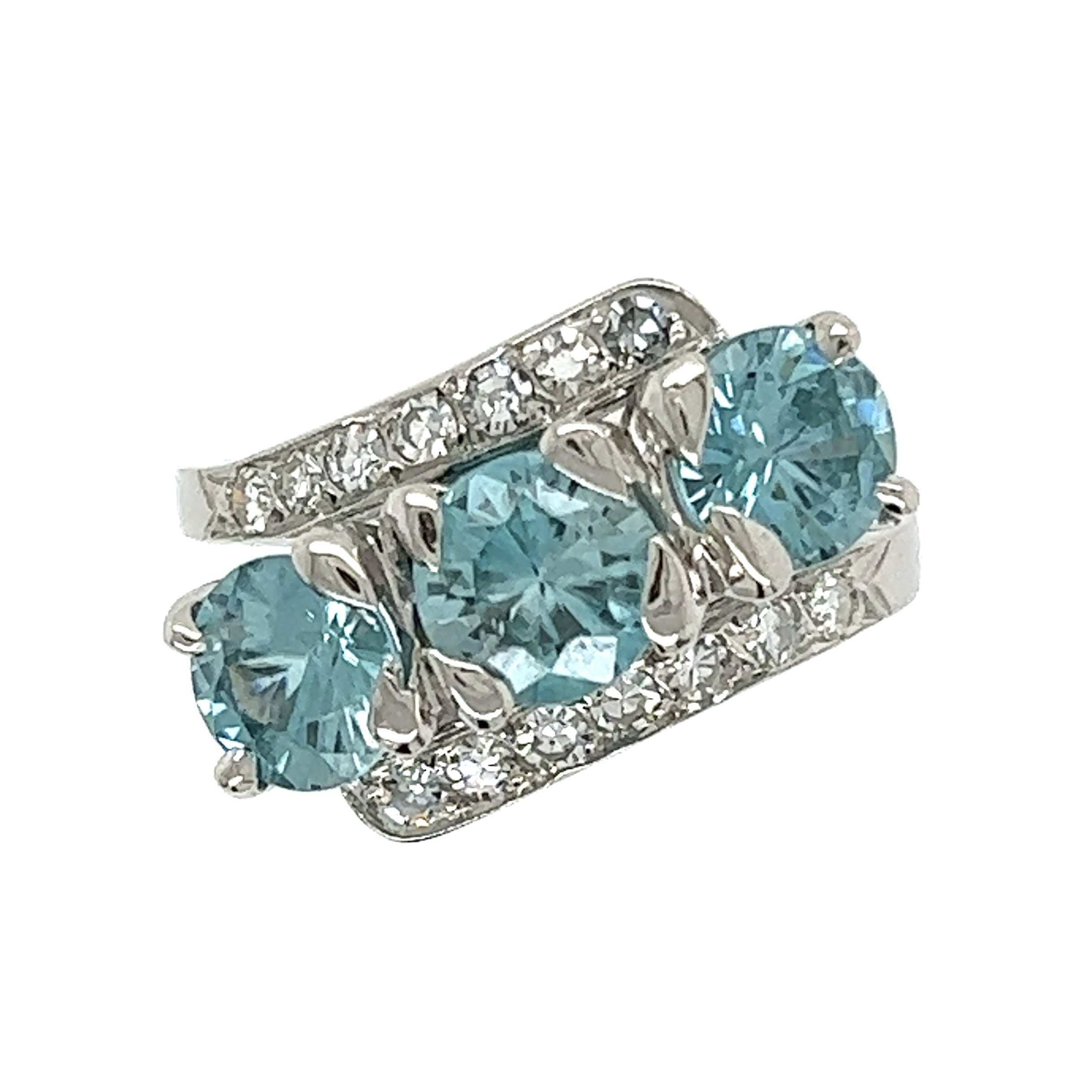Platinum 3 Stone Blue Zircon 4.55tcw & Diamond .50tcw Ring 8.5g, s6.5
