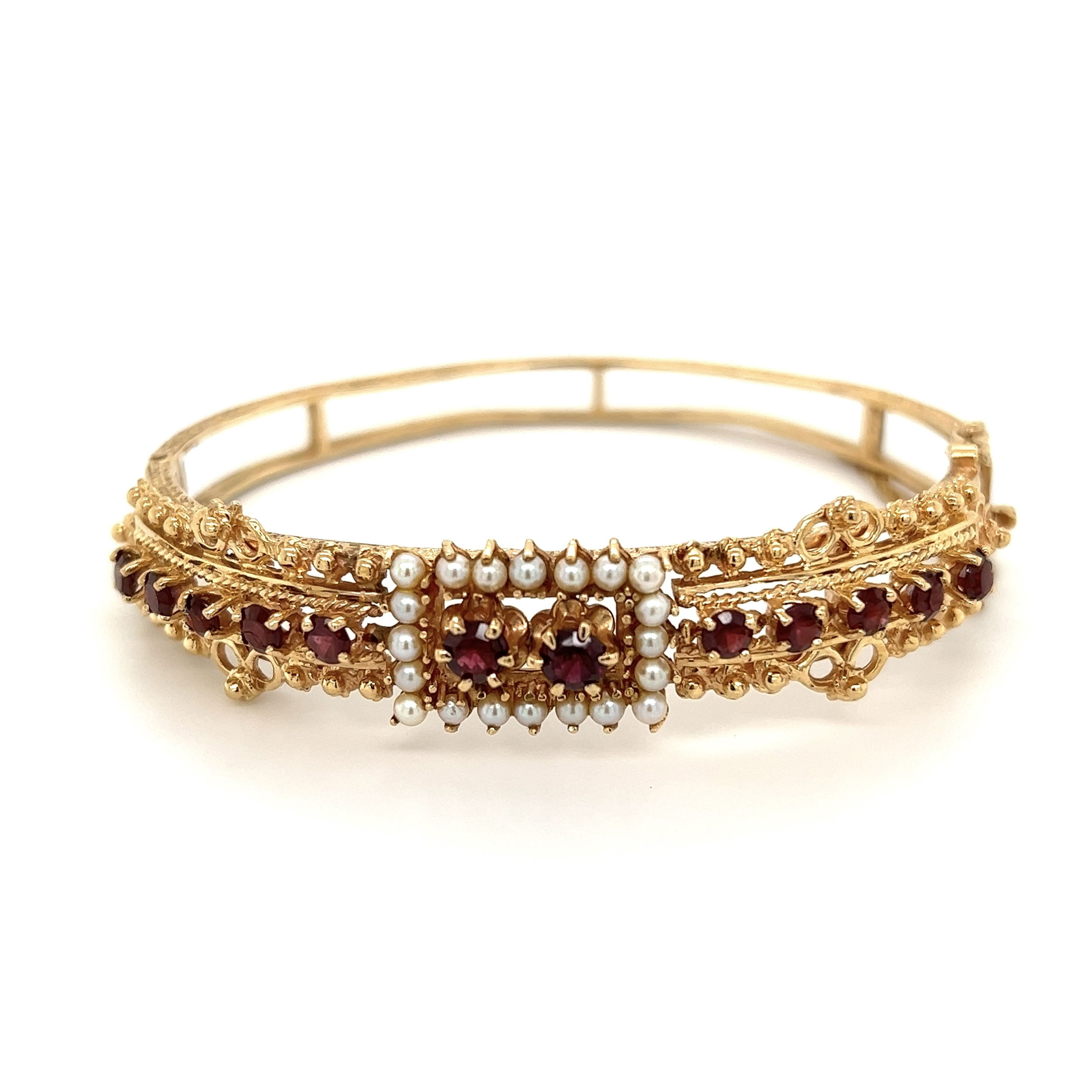 14K YG Victorian Revival Garnet & Seed Pearl Bangle Bracelet 22.0g