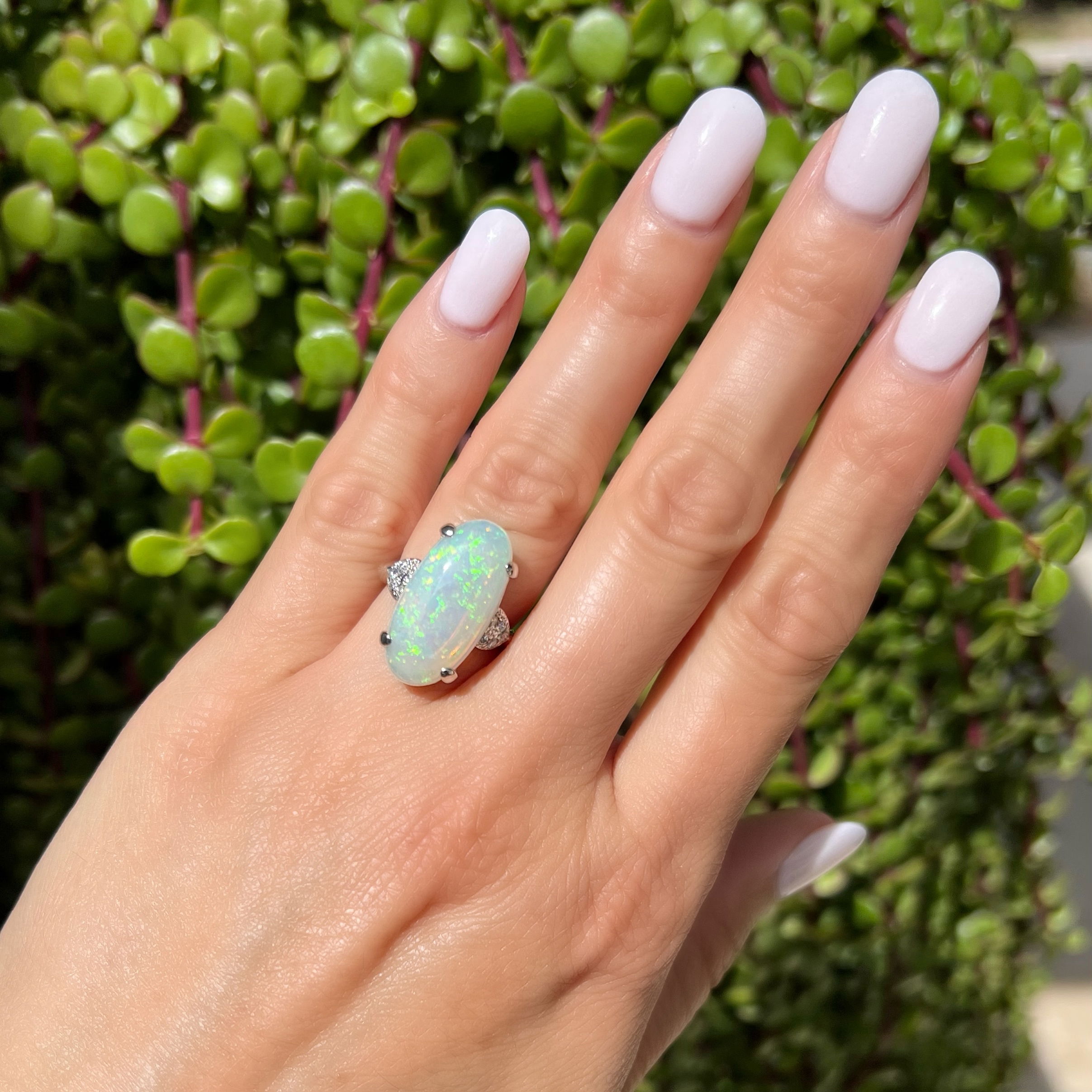 Platinum 7.10ct Long Crystal Opal & .19tcw Diamond Ring 10.5g, s6 Platinum 7.10ct Long Crystal Opal & .19tcw Diamond Ring 10.5g, s6