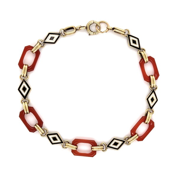 Closeup photo of 18K YG Art Deco Enamel & Carnelian Link Bracelet 8.6g, 7.5"