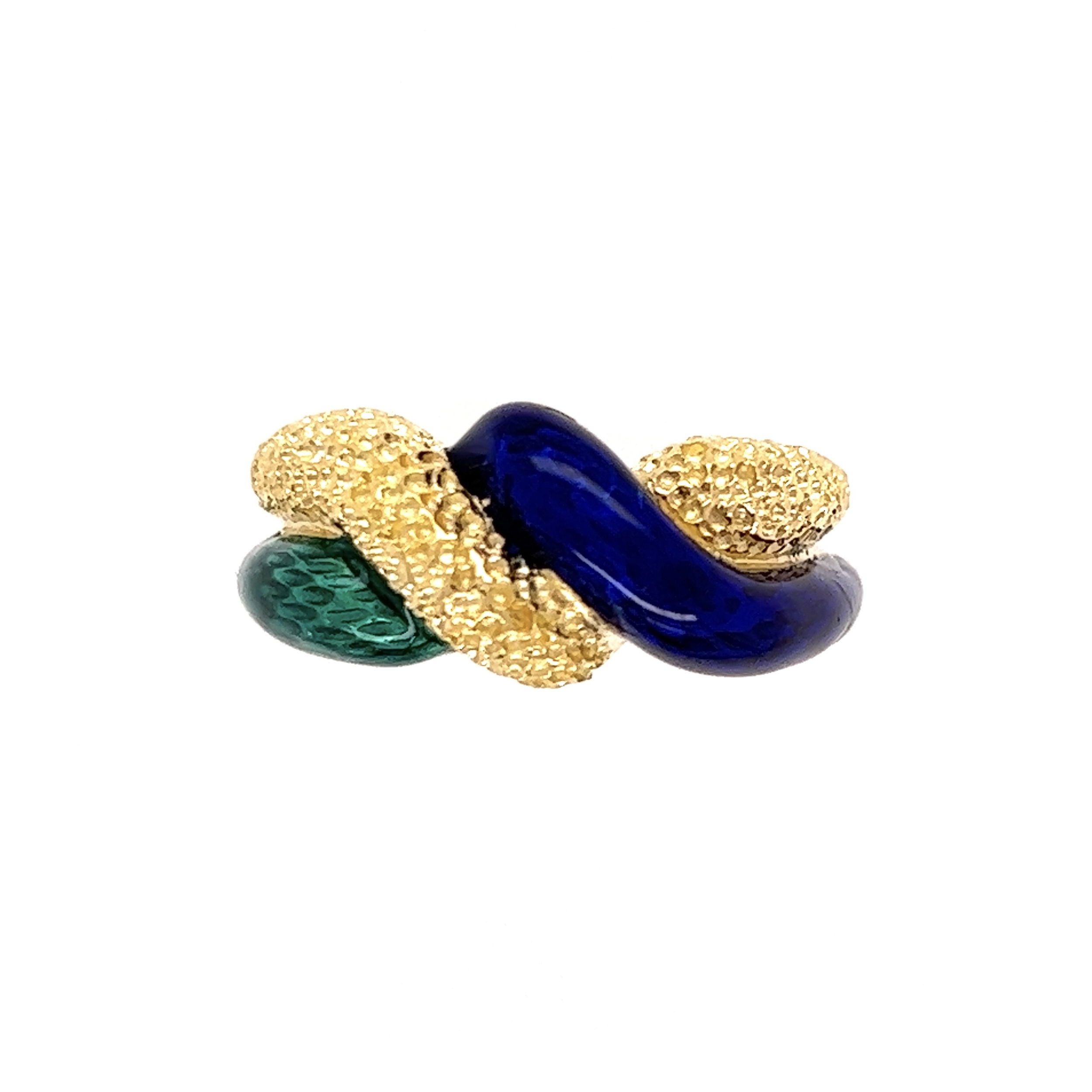 18K YG Blue & Green Enamel Twisted Ring 7.1g, s7.5 18K YG Blue & Green Enamel Twisted Ring 7.1g, s7.5