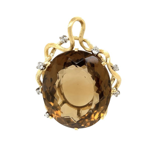 Closeup photo of 18K YG 1960's 75ct Oval Smokey Quartz & .56tcw Diamond Pendant 41.4g,