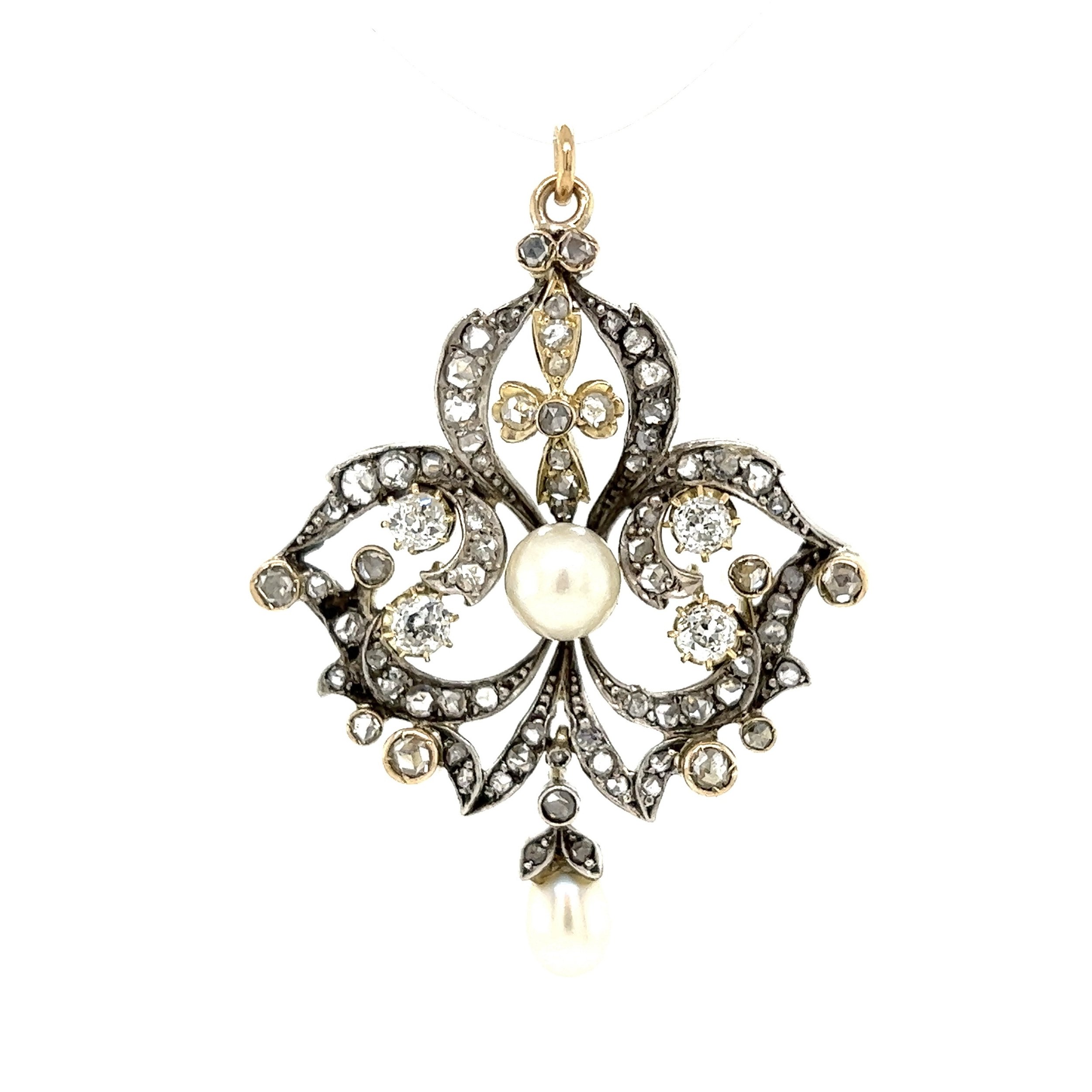 Silver on Gold French Victorian .25tcw Diamond & Pearl Brooch Pendant 9.8g