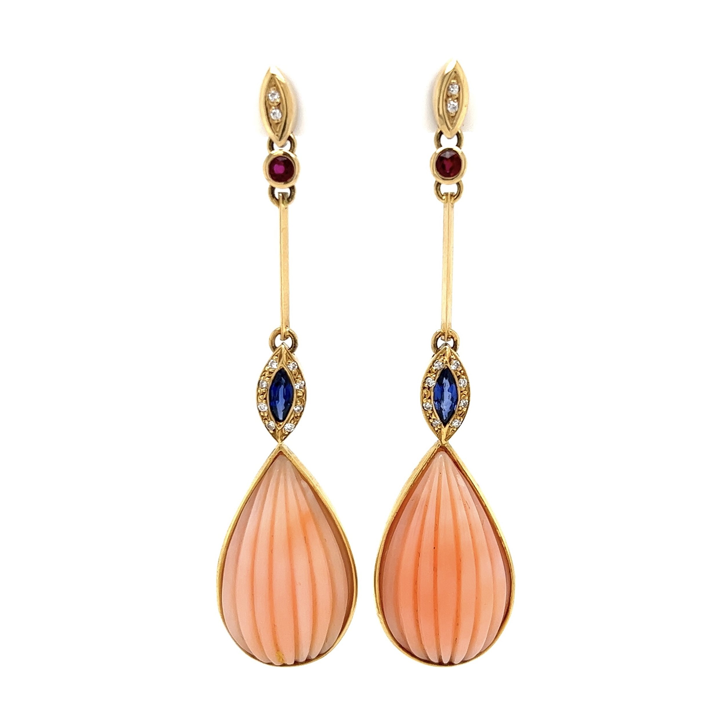 18K YG Angelskin Coral, Sapphire, Ruby & .12tcw Diamond Drop Earrings 13.9g, 2.5"