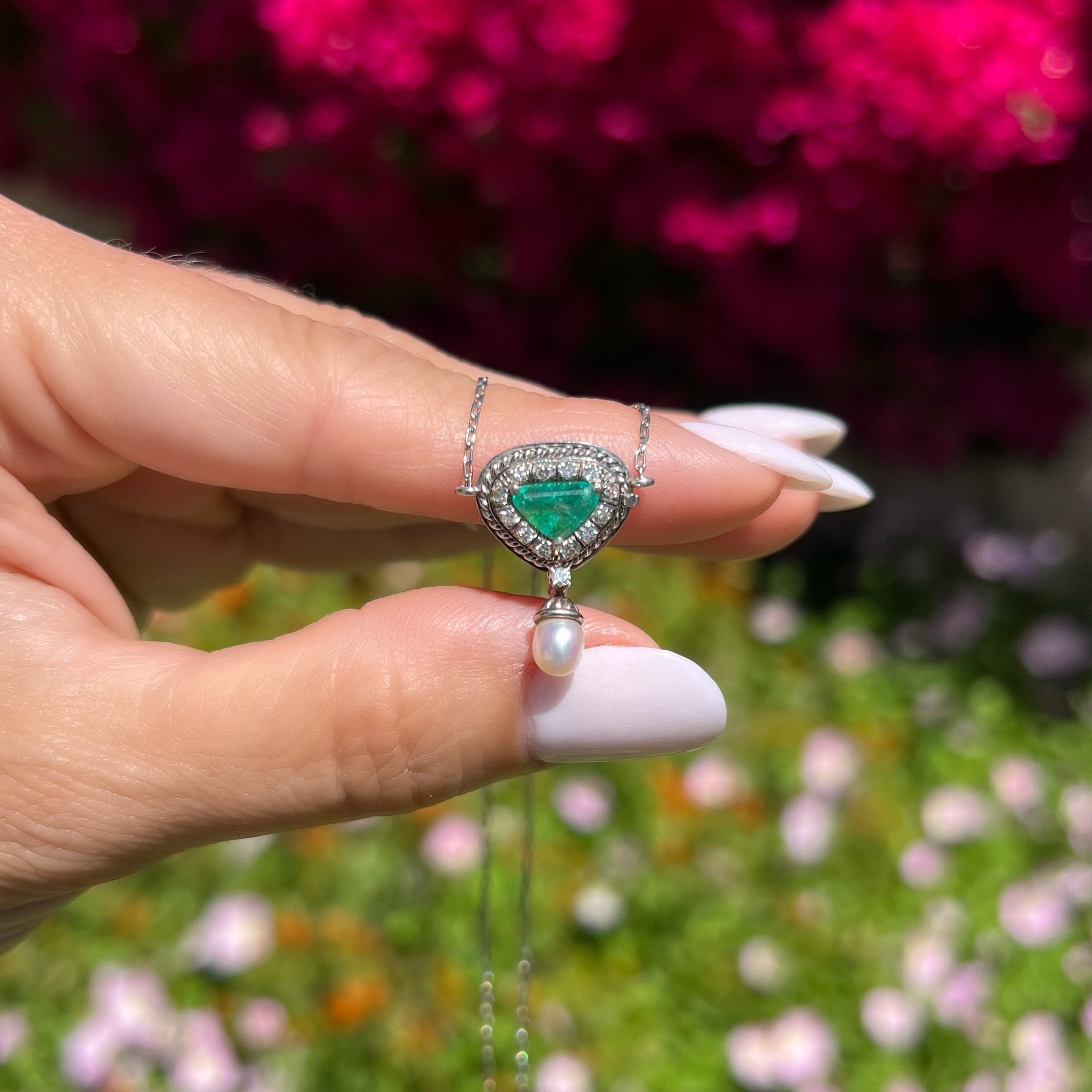 Platinum Trillion 1.2ct Emerald & .26tcw Diamond Pendant Necklace