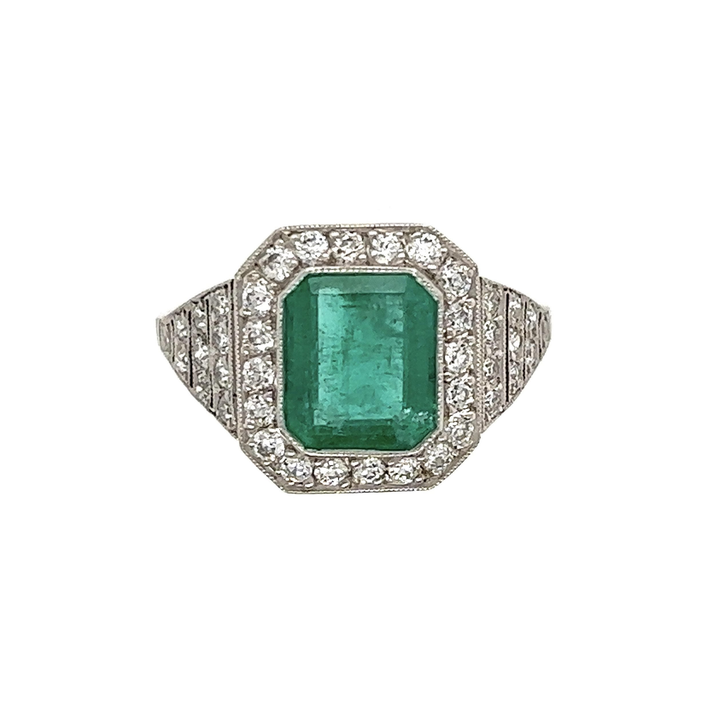 Platinum Art Deco 1.55ct Emerald Cut Emerald & Step .60tcw Diamond Ring 4.1g, s5.75