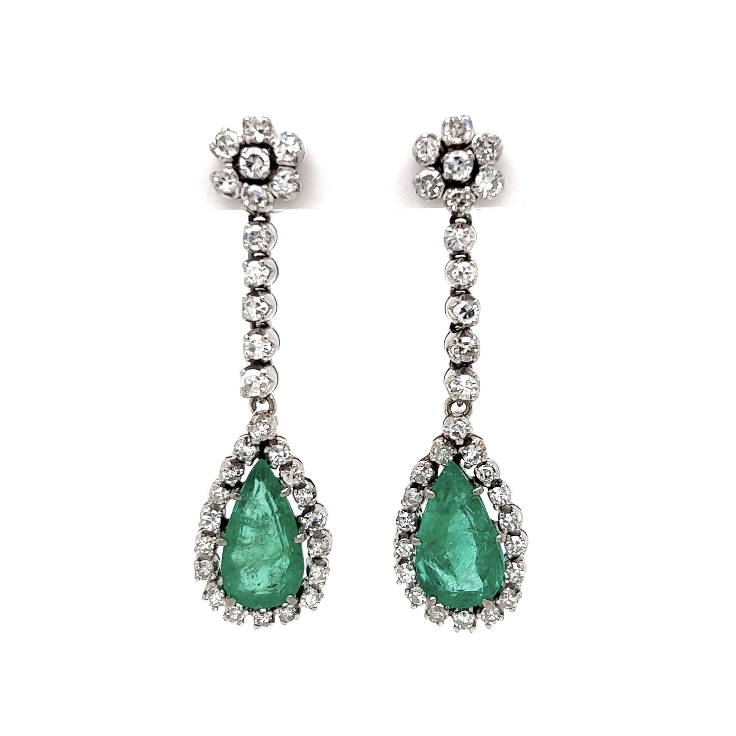 18K WG Pear 4.50tcw Emerald & 2.00tcw Diamond Drop Earrings 10.7g, 1.75"