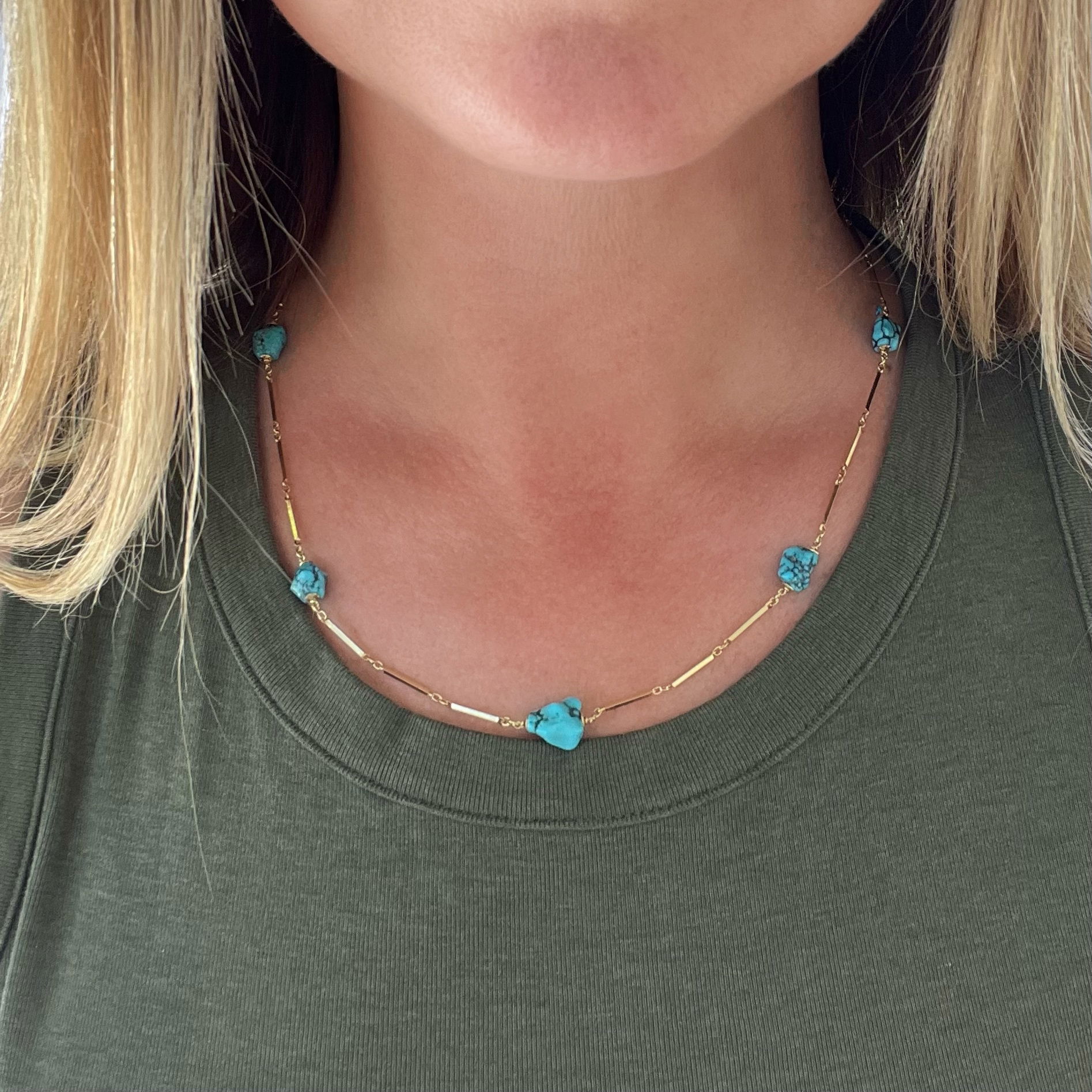 14K YG 7 Station Turquoise Nugget & Square Link Necklace 10.3g, 20"