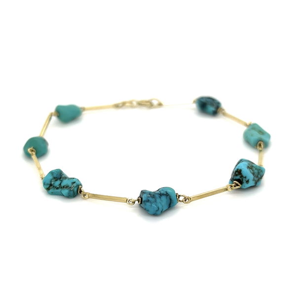 Closeup photo of 14K YG 7 Station Turquoise Nugget & Square Link Bracelet 5.2g, 8"