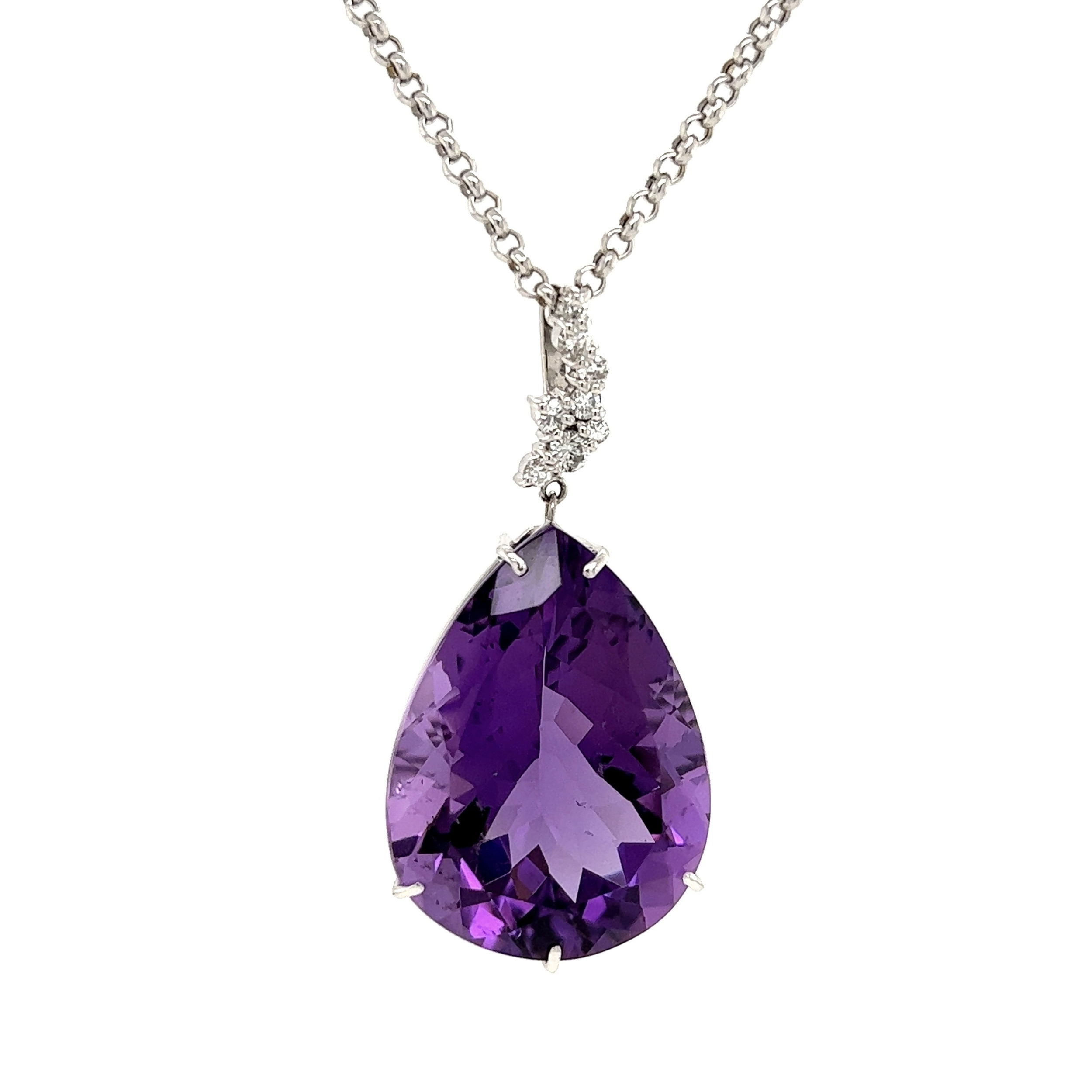 18K WG 31.63ct Pear Shape Amethyst & .23tcw Diamond Pendant Necklace 14.6g, 18"