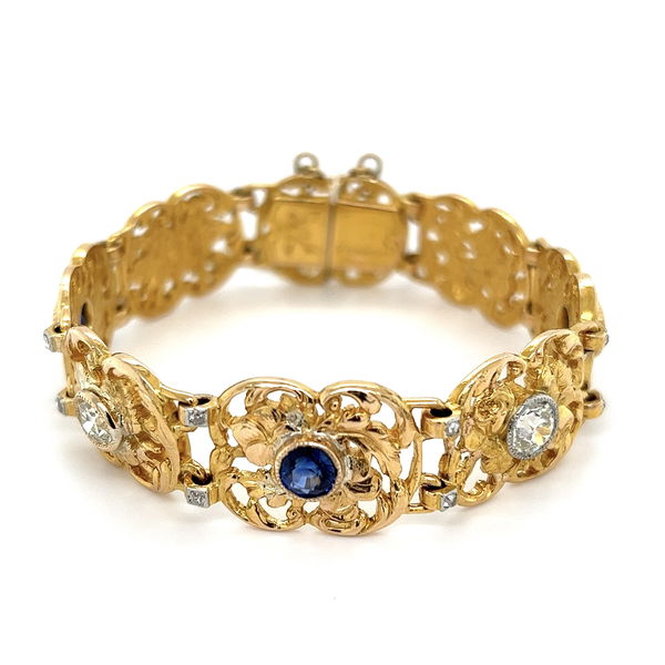 Closeup photo of 18K YG Edwardian 2.56tcw Sapphire & 1.45tcw OEC Diamond Bracelet 41.3g, 6.75"