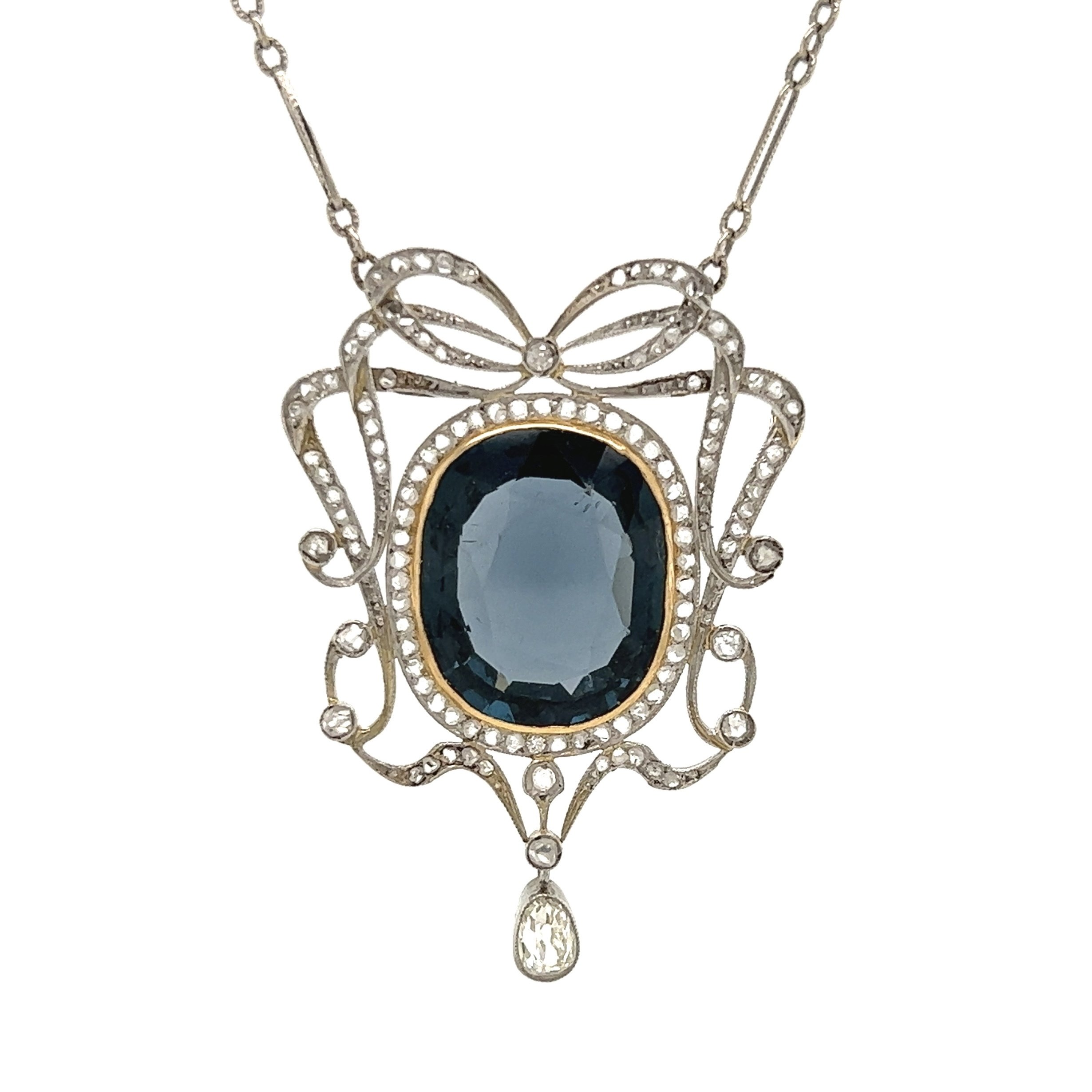 Platinum Edwardian 12ct Natural NO HEAT Blue Spinel GIA & 1.00tcw Diamond Ribbon Necklace 18"