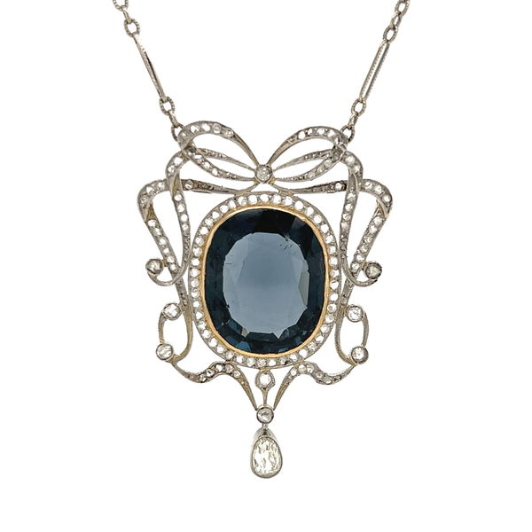 Closeup photo of Platinum Edwardian 12ct Natural NO HEAT Blue Spinel GIA & 1.00tcw Diamond Ribbon Necklace 18"
