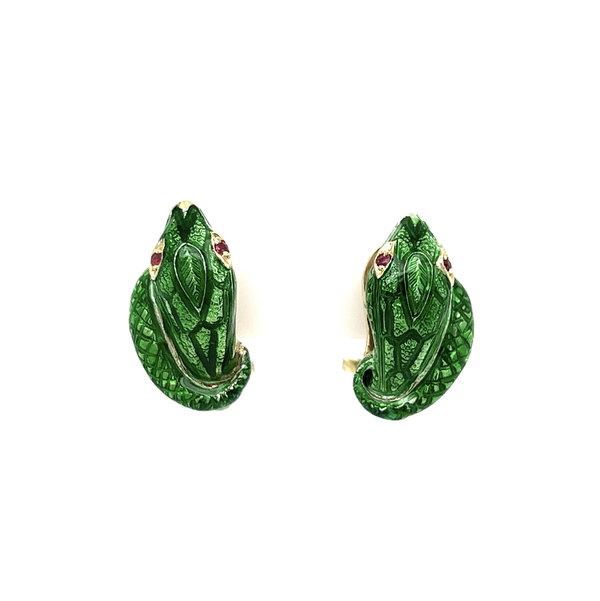 Closeup photo of 14K YG VICTOR MAYER Green Enamel Serpent Earrings w/Ruby Eyes 9.0g