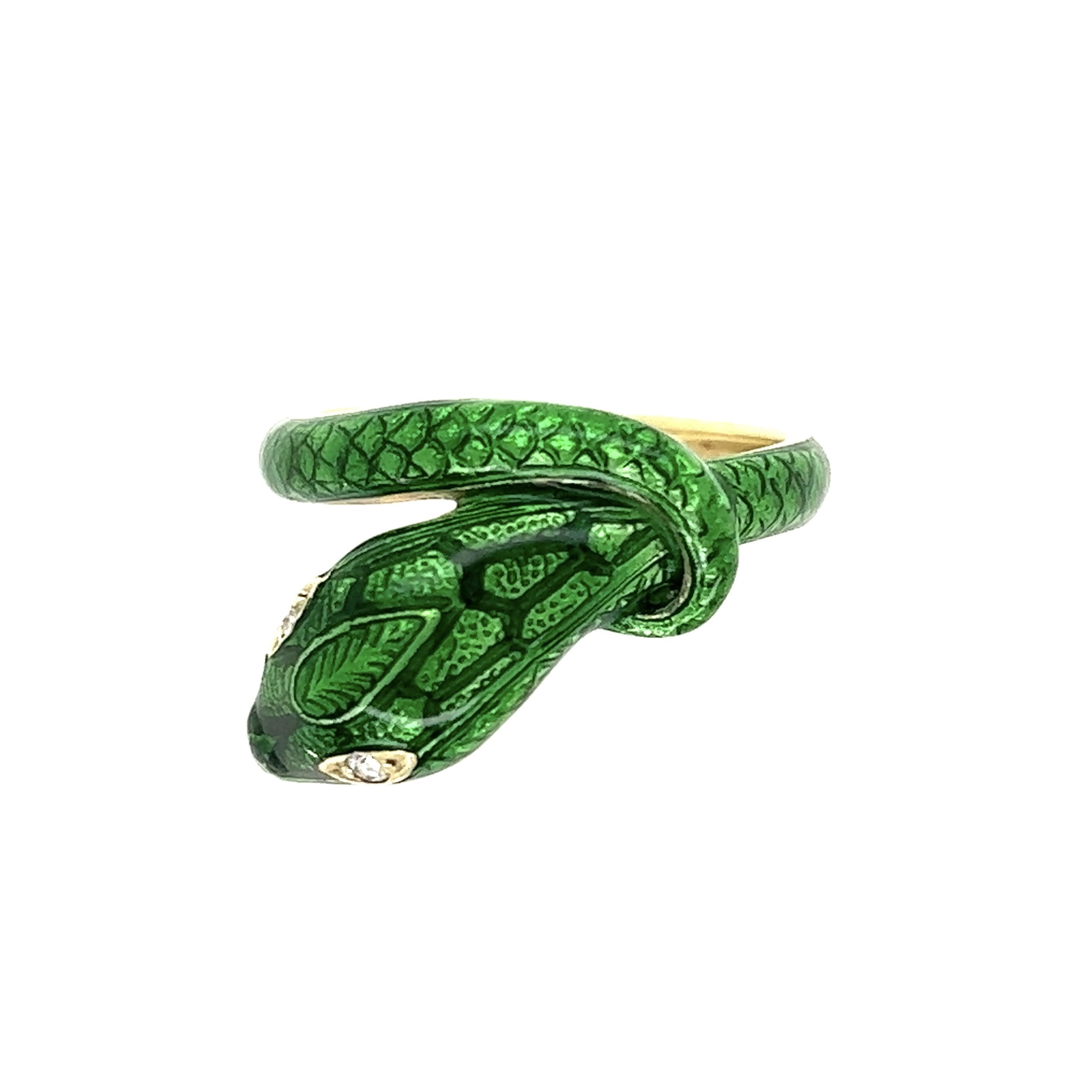 14K YG VICTOR MAYER Green Enamel Serpent Ring .02tcw Diamond Eyes 6.0g, s7.5+
