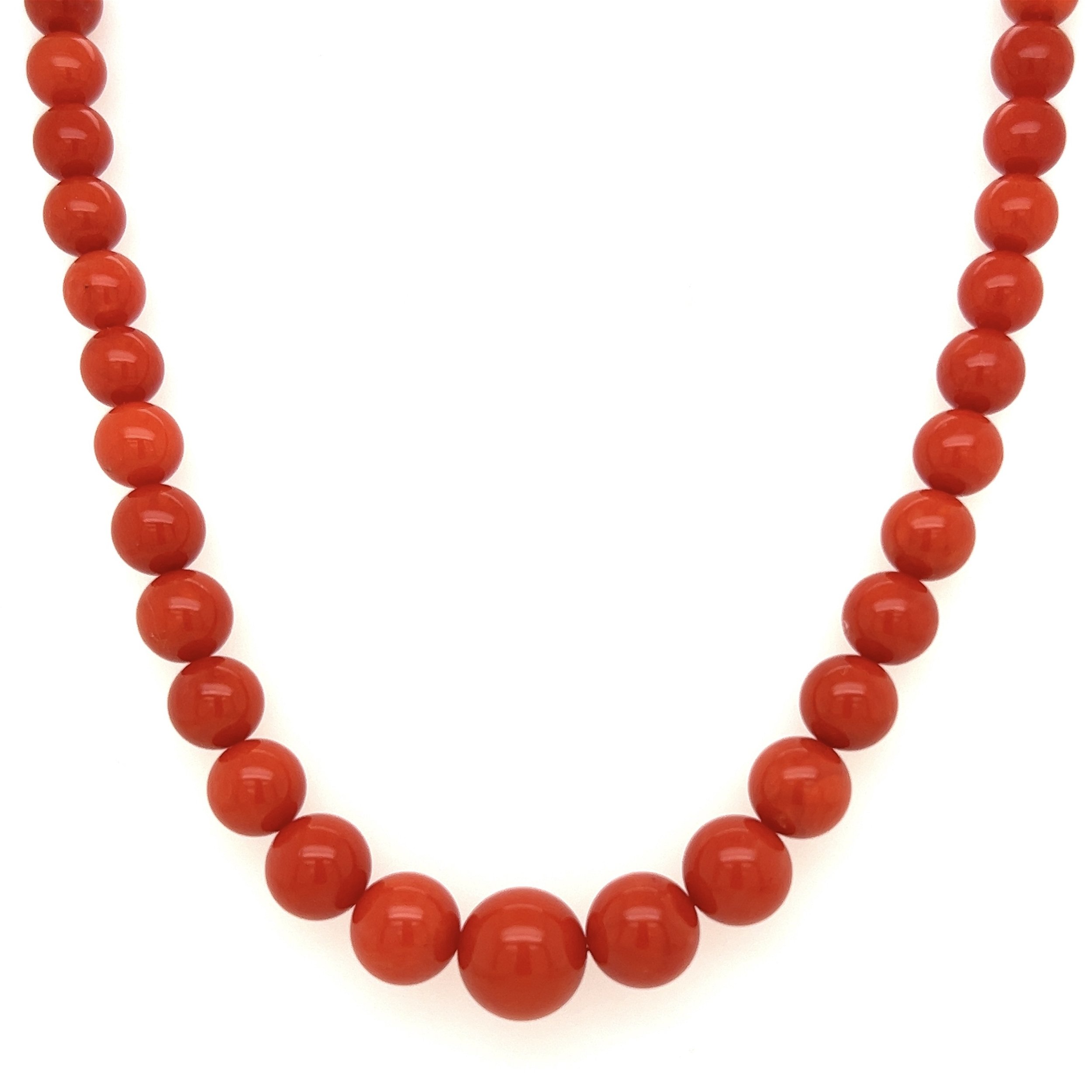 14K YG 10.3-5.00mm Natural Red Coral Graduated Bead Necklace 33.1g, 18"