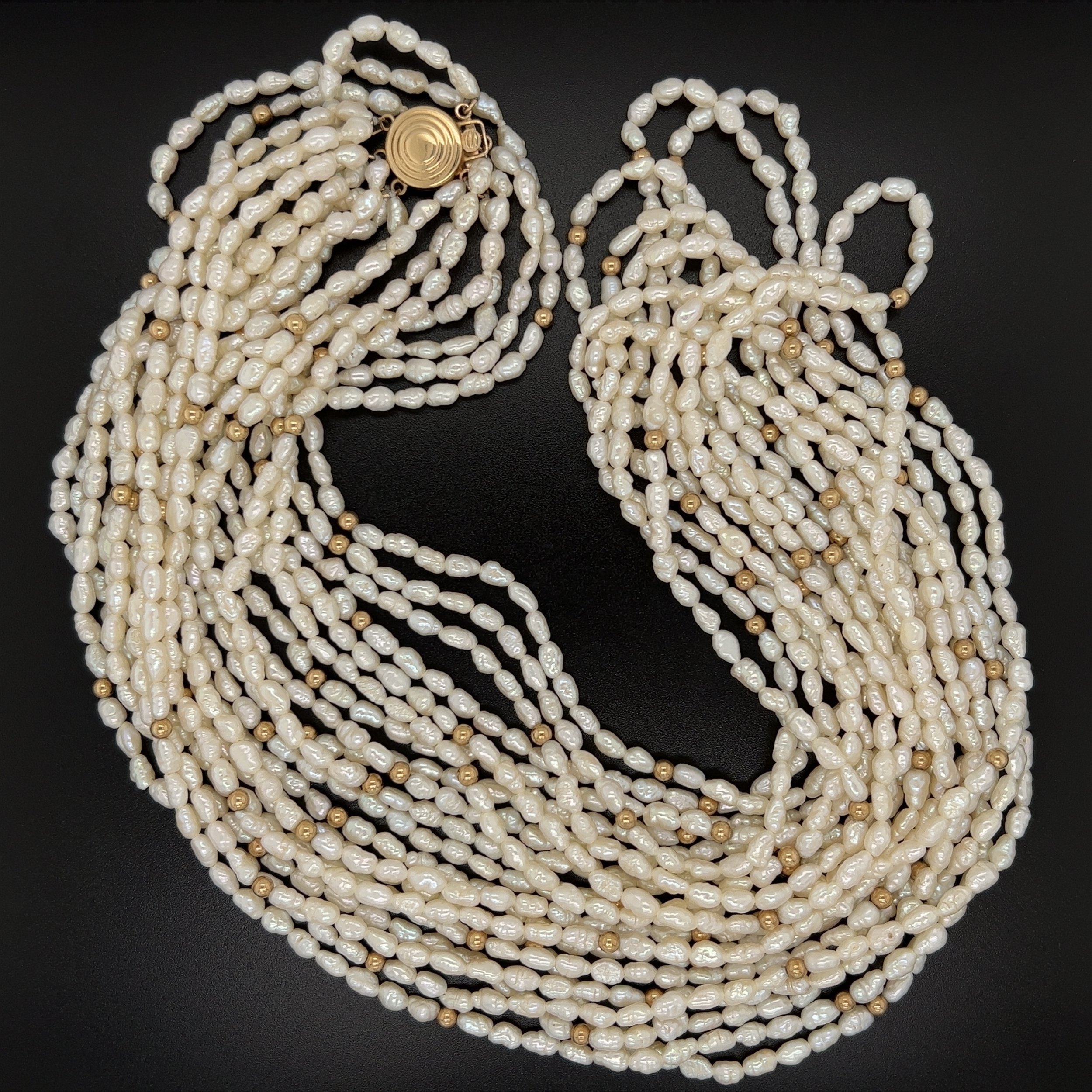 14K YG 10 Strand Baroque Pearl & Gold Bead Necklace 83.4g, 23"