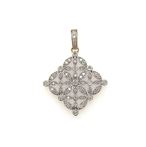 Closeup photo of 14K 2tone .65tcw Diamond Lacy Pendant 3.7g, 1.25"