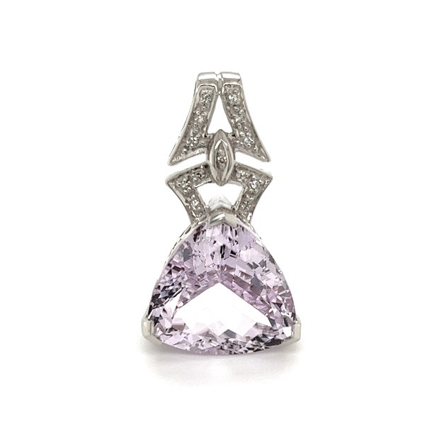 Closeup photo of 18K WG 13.5ct Trillion Kunzite & .19tcw Diamond Pendant 15.8g on 14K Weave Chain 18"
