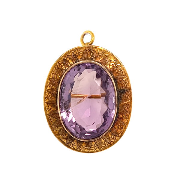 Closeup photo of 9K YG Victorian 20ct Oval Amethyst Engraved Pendant Brooch 9.6g, 1.25"
