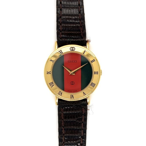 Closeup photo of GUCCI 3000L 26m Red & Green Dial Quartz Gold Plate Watch on Lizard Strap