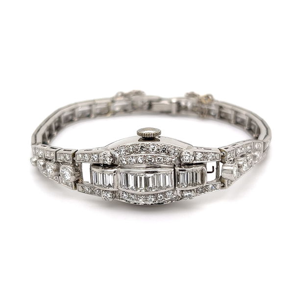 Closeup photo of Platinum Art Deco 4.78tcw Diamond Flip Cover Hamilton Watch Bracelet 31.0g, 6.5"