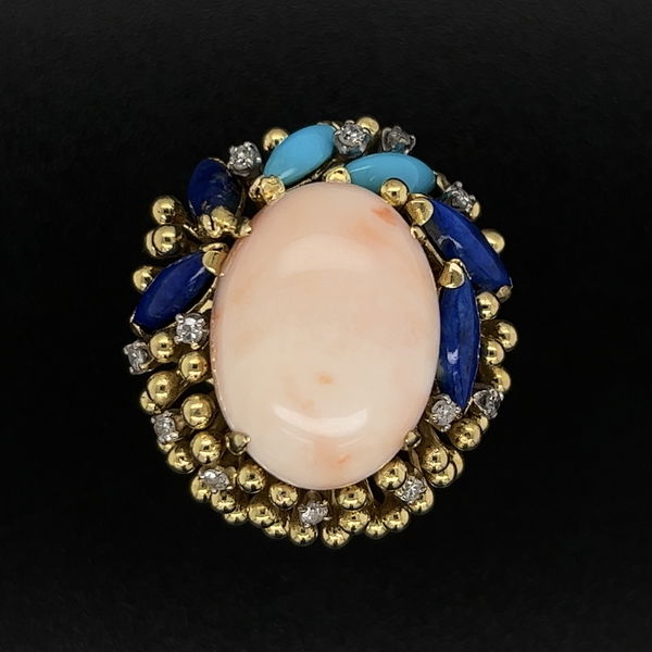 Closeup photo of 14K YG 1960's 10ct Angelskin Coral, Lapis, Turquoise & .36tcw Diamond Ring 16.8g, 7.25