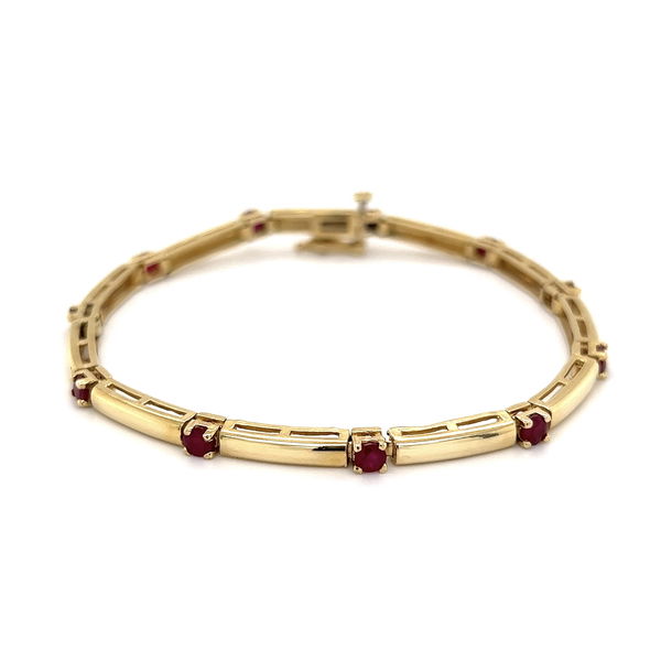 Closeup photo of 14K YG 1.65tcw Ruby & Gold Bar Bracelet 10.1g, 7.2"