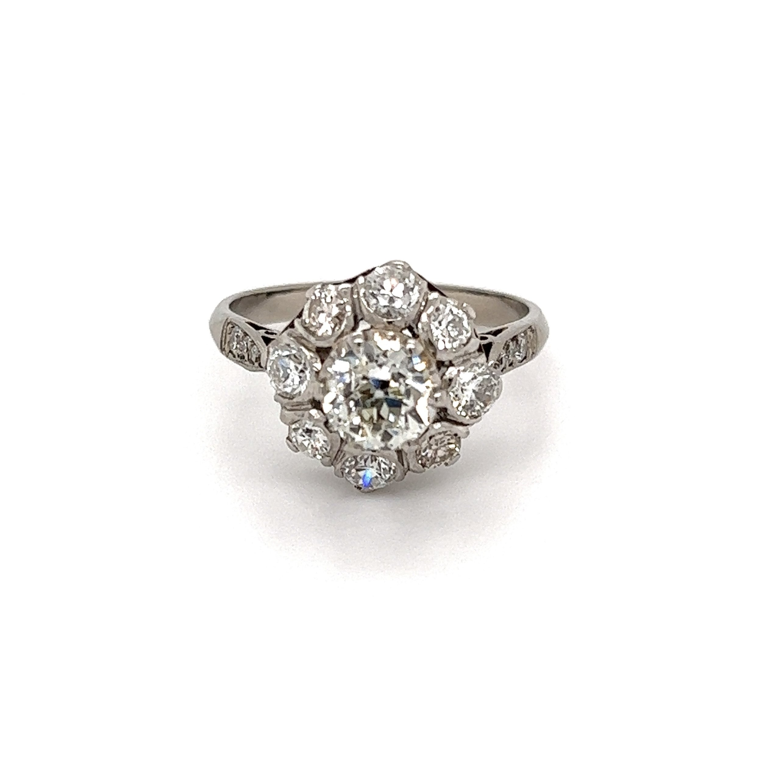 14K WG Art Deco 1.09ct OEC Diamond & 1.10tcw Diamond Halo Ring 5.3g, s8.75