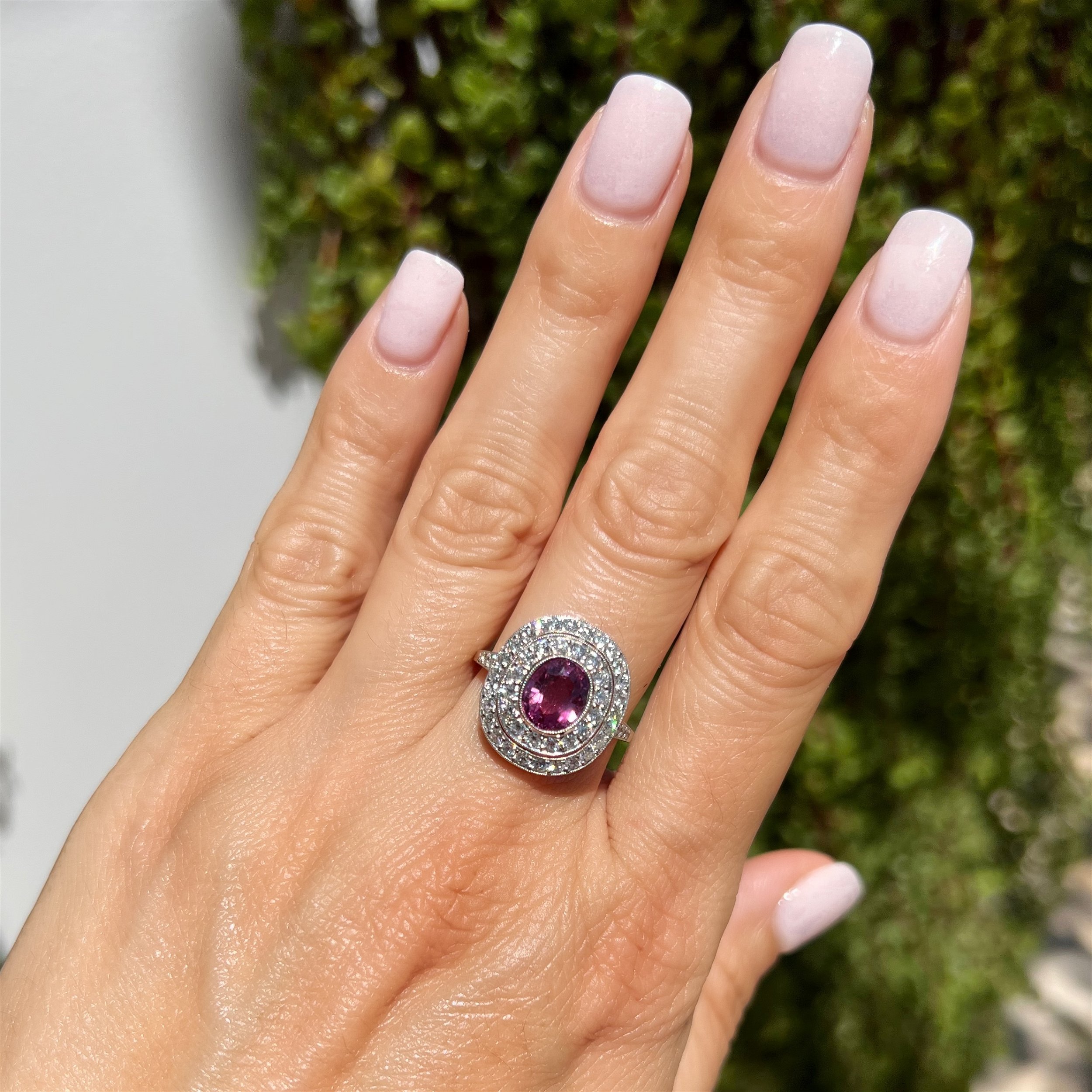 Platinum on 18K 2.48ct Oval Pink Sapphire & 1.10tcw Double Diamond Halo Ring 5.5g, s8.25
