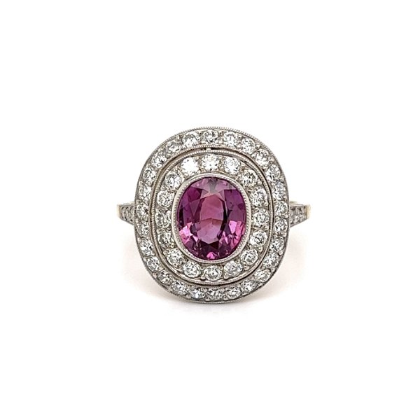 Closeup photo of Platinum on 18K 2.48ct Oval Pink Sapphire & 1.10tcw Double Diamond Halo Ring 5.5g, s8.25