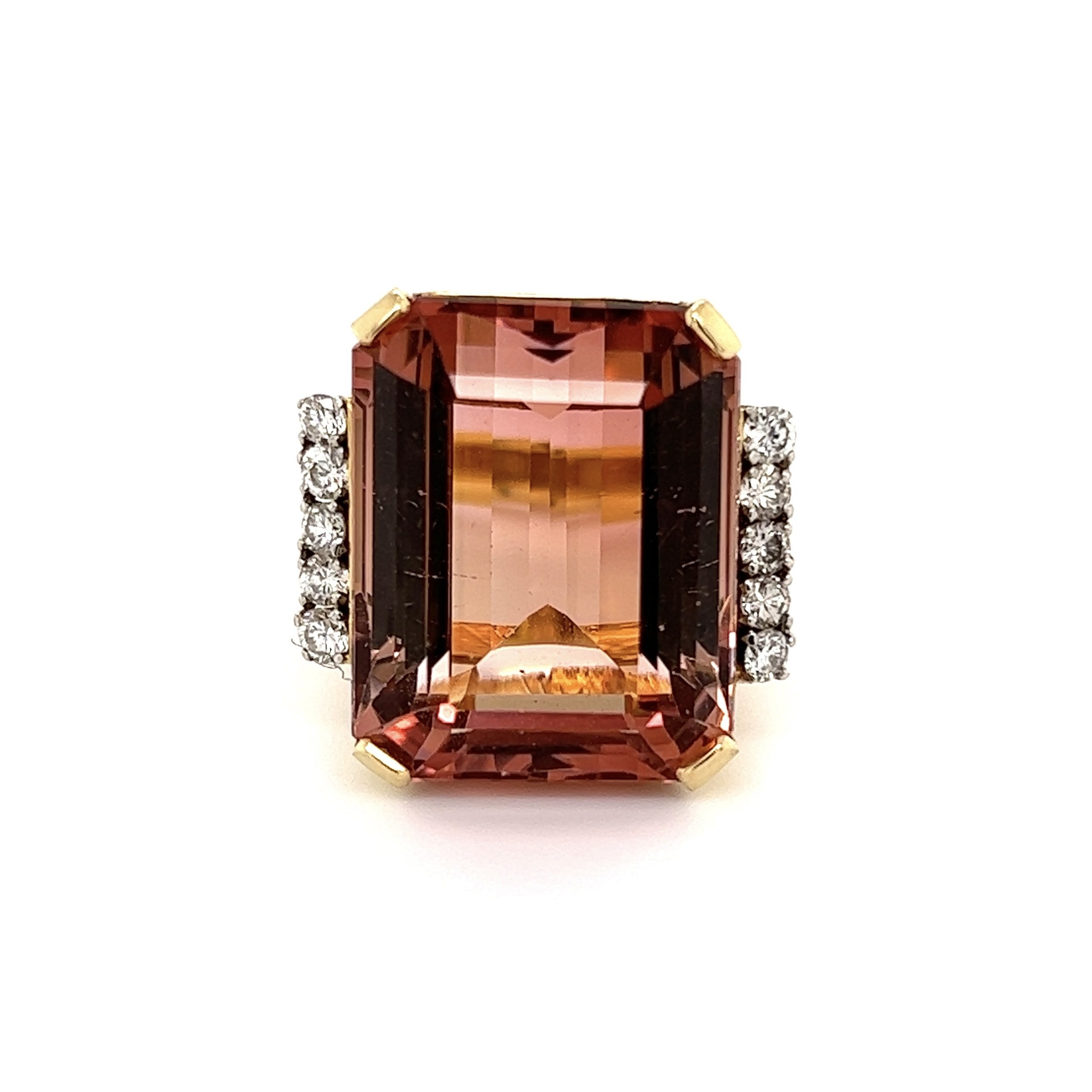 18K YG 27.90ct Emerald Cut Rare Peach Tourmaline & .40tcw Diamond Ring 15.6g, s7