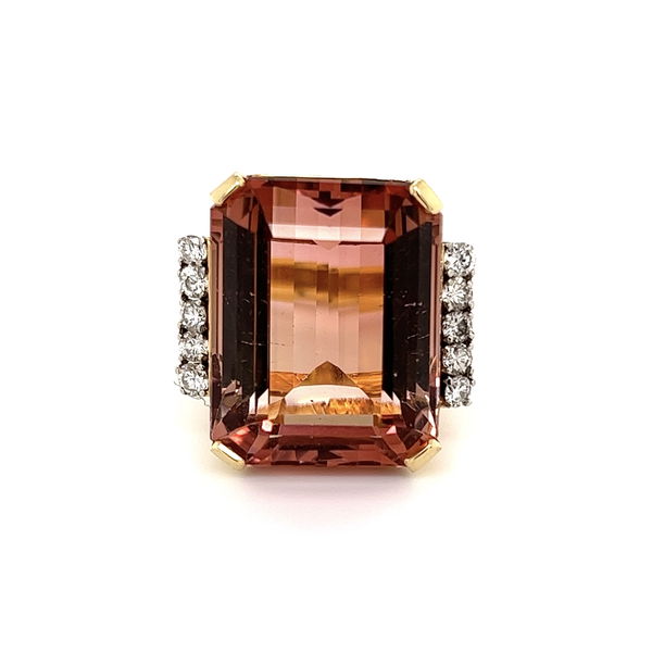 Closeup photo of 18K YG 27.90ct Emerald Cut Rare Peach Tourmaline & .40tcw Diamond Ring 15.6g, s7