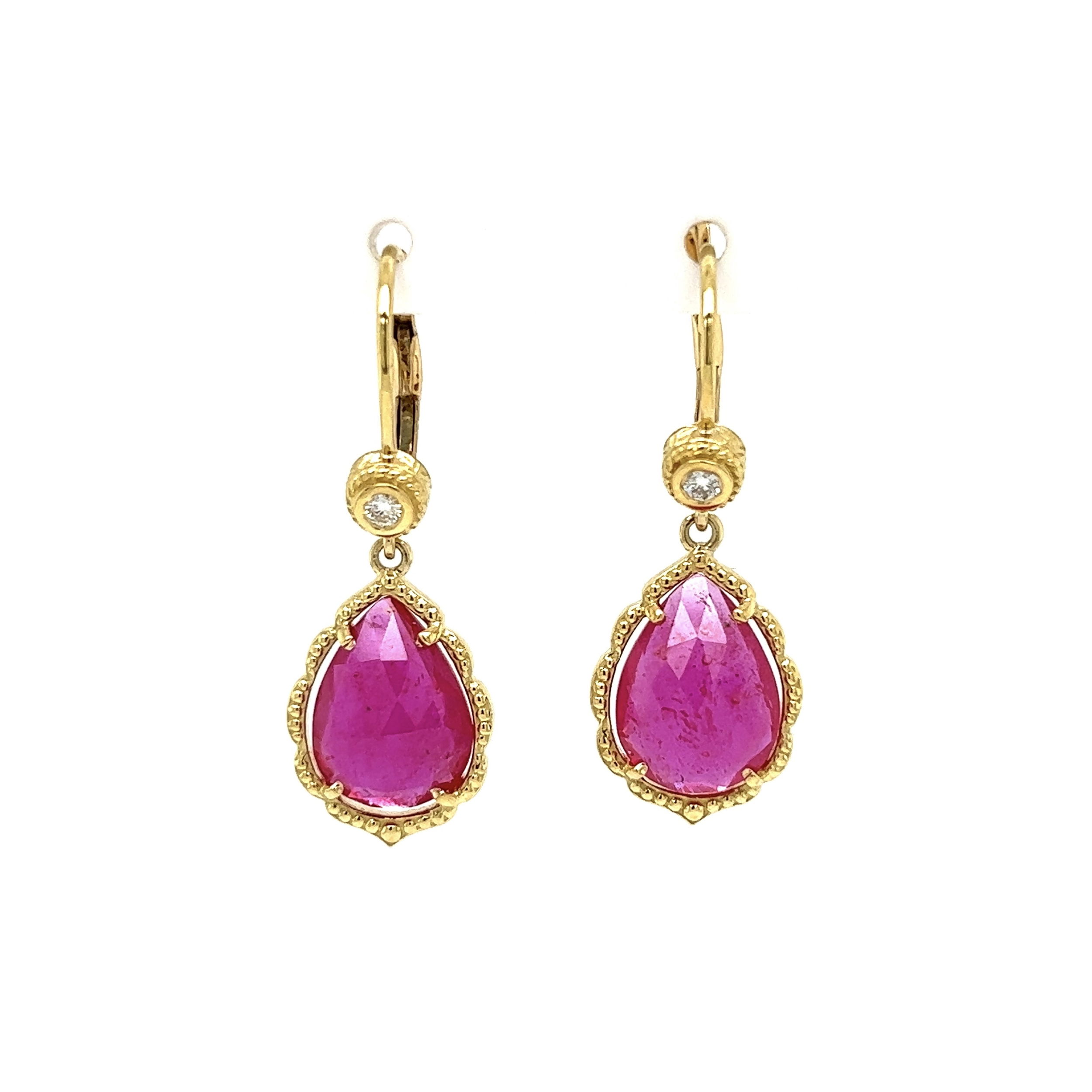 18K YG PENNY PREVILLE 7.68tcw Pink Sapphire(likely treated) & .08tcw Diamond Drop Earrings 5.5g