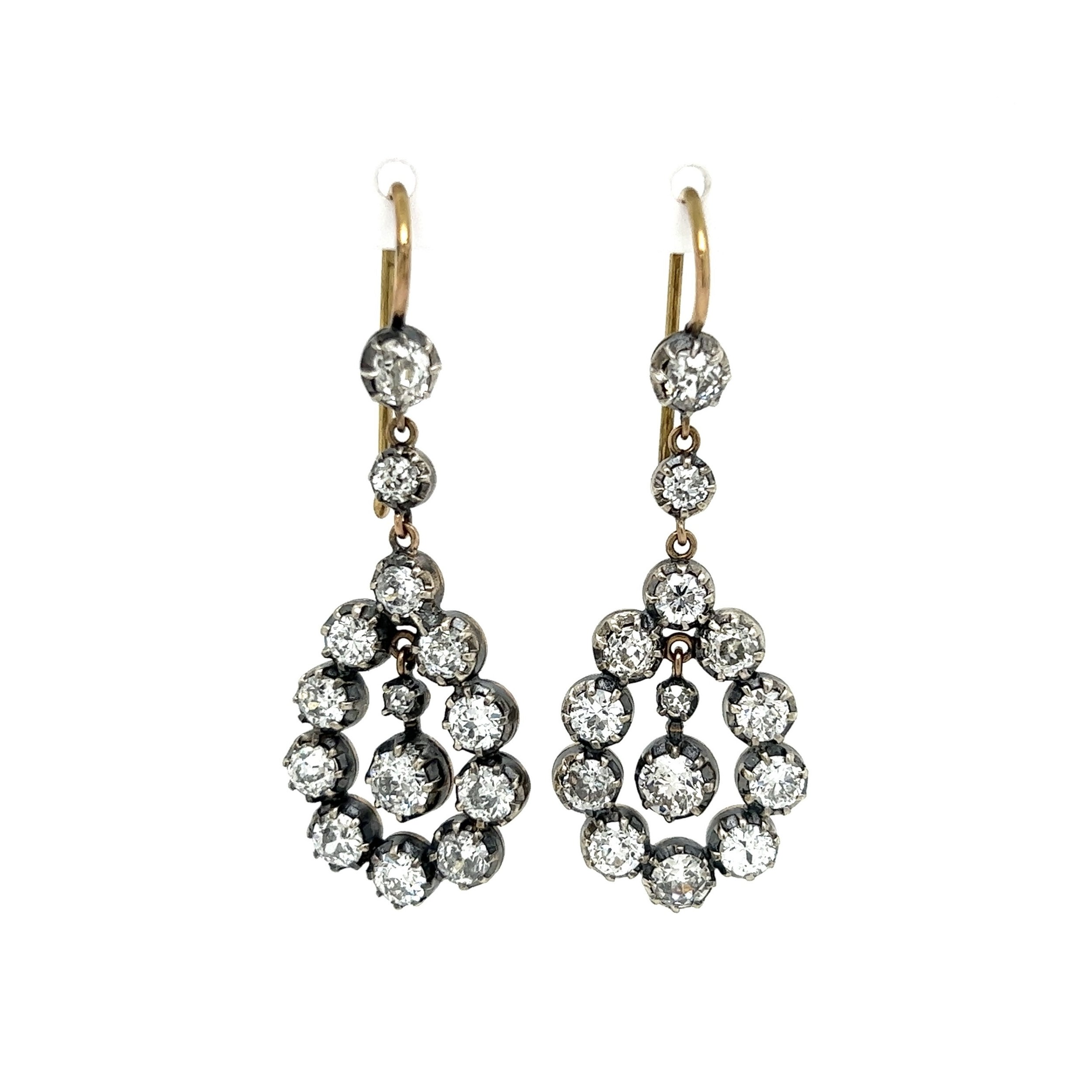 Silver Topped 18K Victorian 4.25tcw Diamond Drop Earrings 6.9g, 1.75"