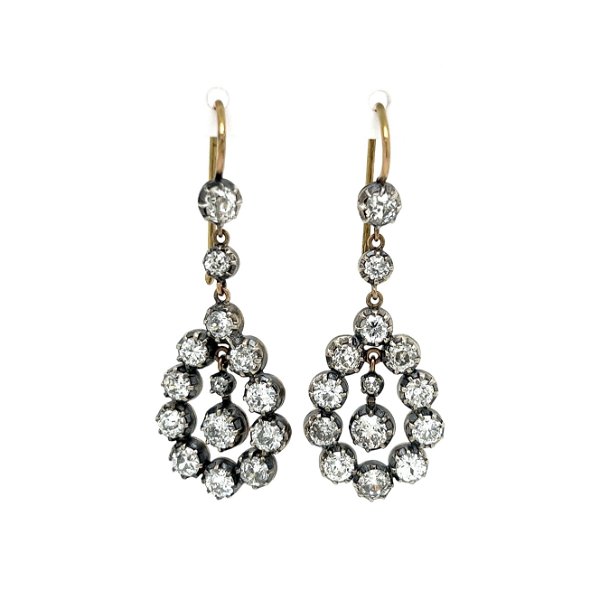 Closeup photo of Silver Topped 18K Victorian 4.25tcw Diamond Drop Earrings 6.9g, 1.75"