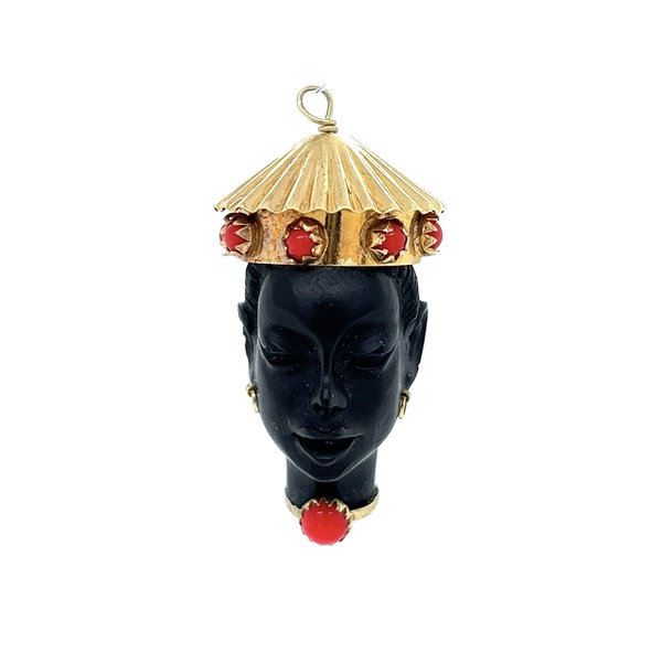 Closeup photo of 18K YG CORLETTO Blackamoor Coral Pendant Charm 7.4g