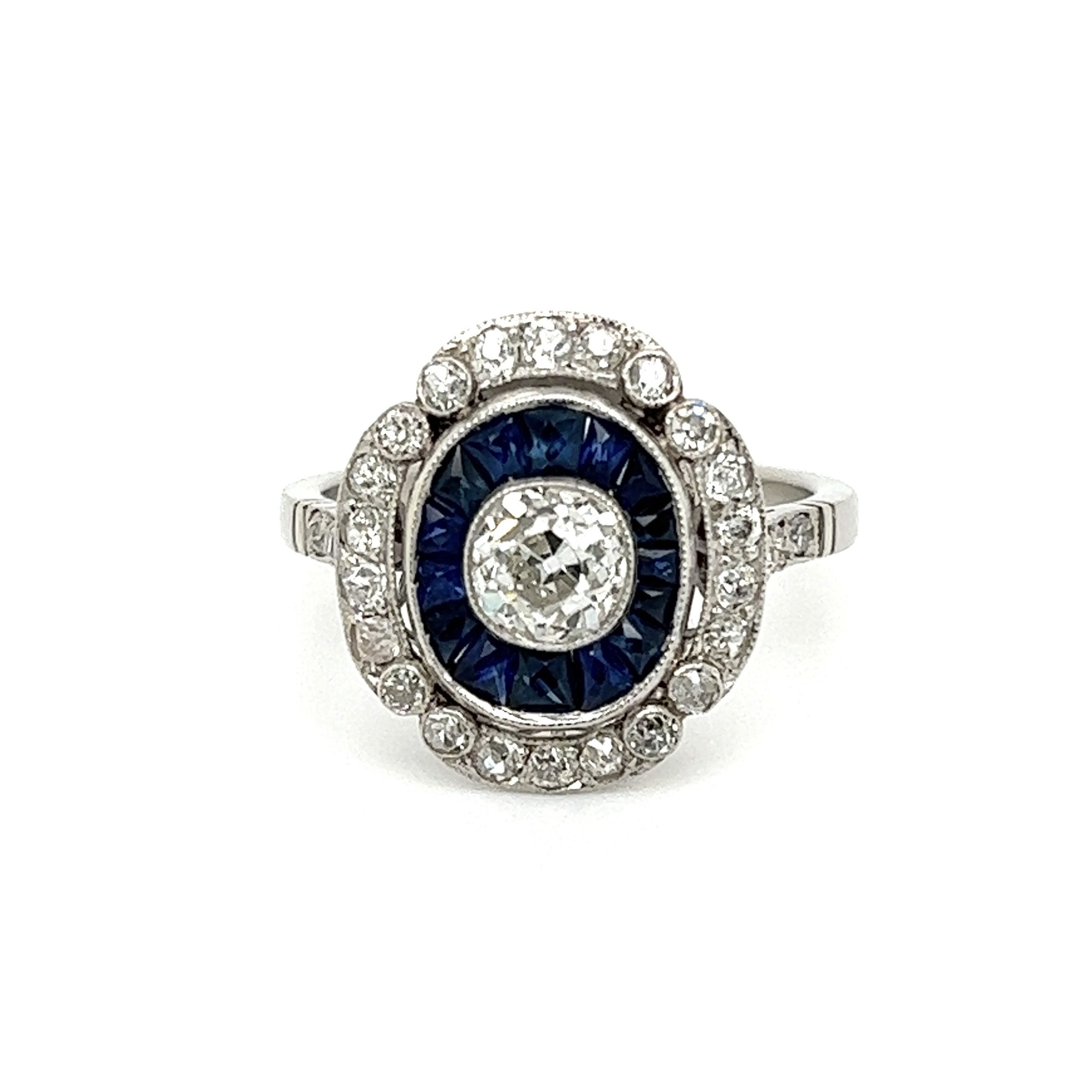 Platinum Art Deco .65ct Old Mine Diamond, 2tcw Sapphire & 1.04tcw Diamond Ring 5.4g, s6.75