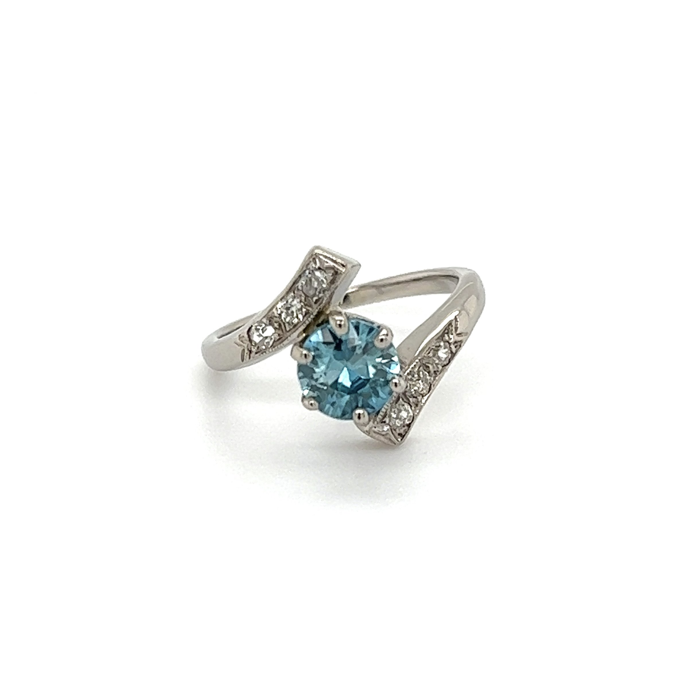 14K WG Art Deco 1.13ct Round Blue Zircon & .12tcw Diamond Bypass Ring 3.0g, s4.25