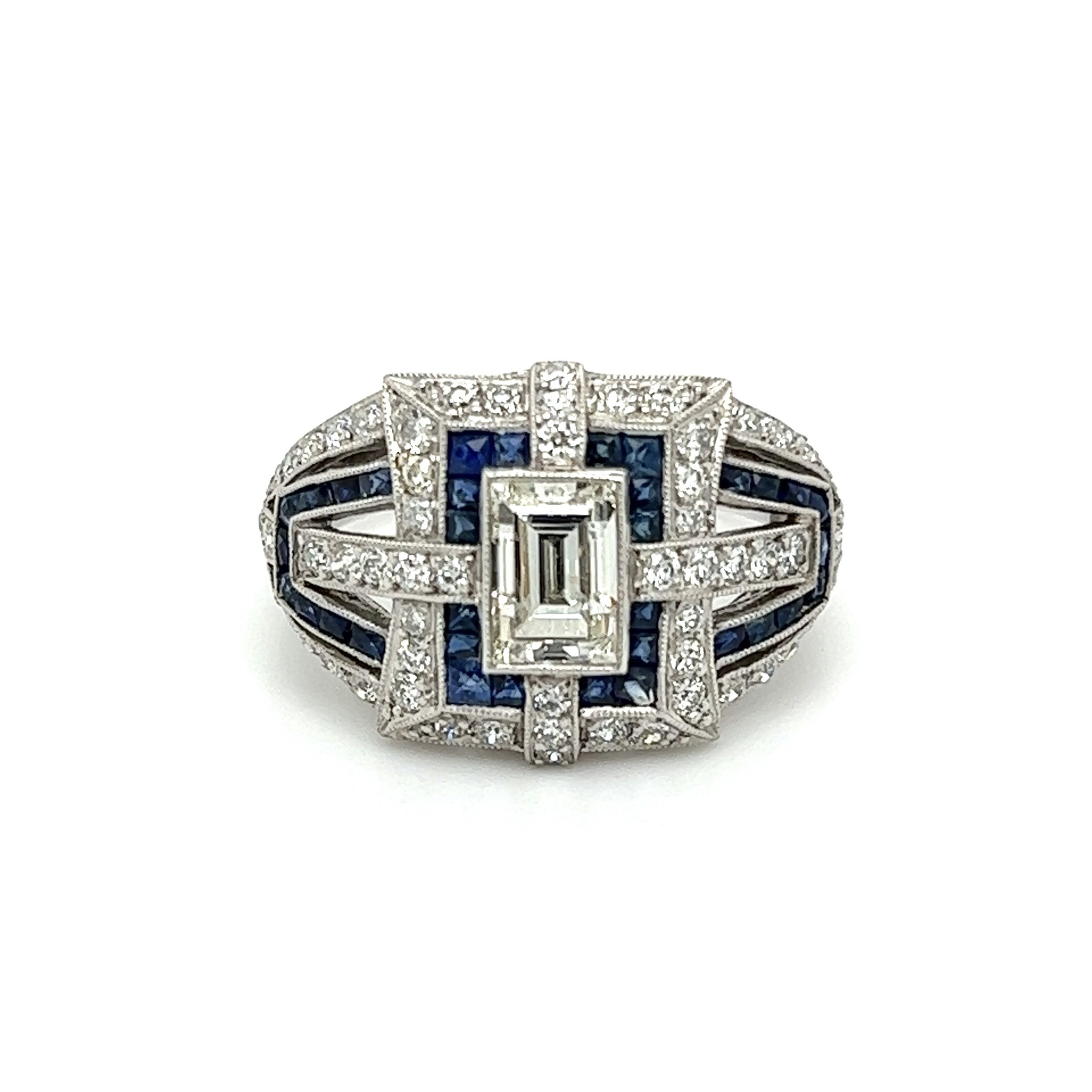 Platinum Art Deco Revival 1.01ct Carré Diamond, 1.20tcw Sapphire & .81tcw Diamond Ring 7.4g, s7.25