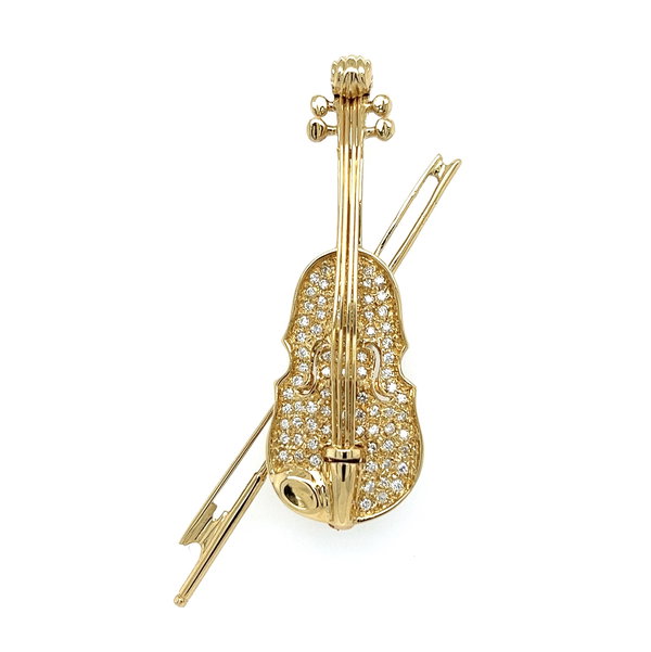 Closeup photo of 18K YG .55tcw Pave Diamond VIOLIN & BOW Brooch 14.5g, 2.5"