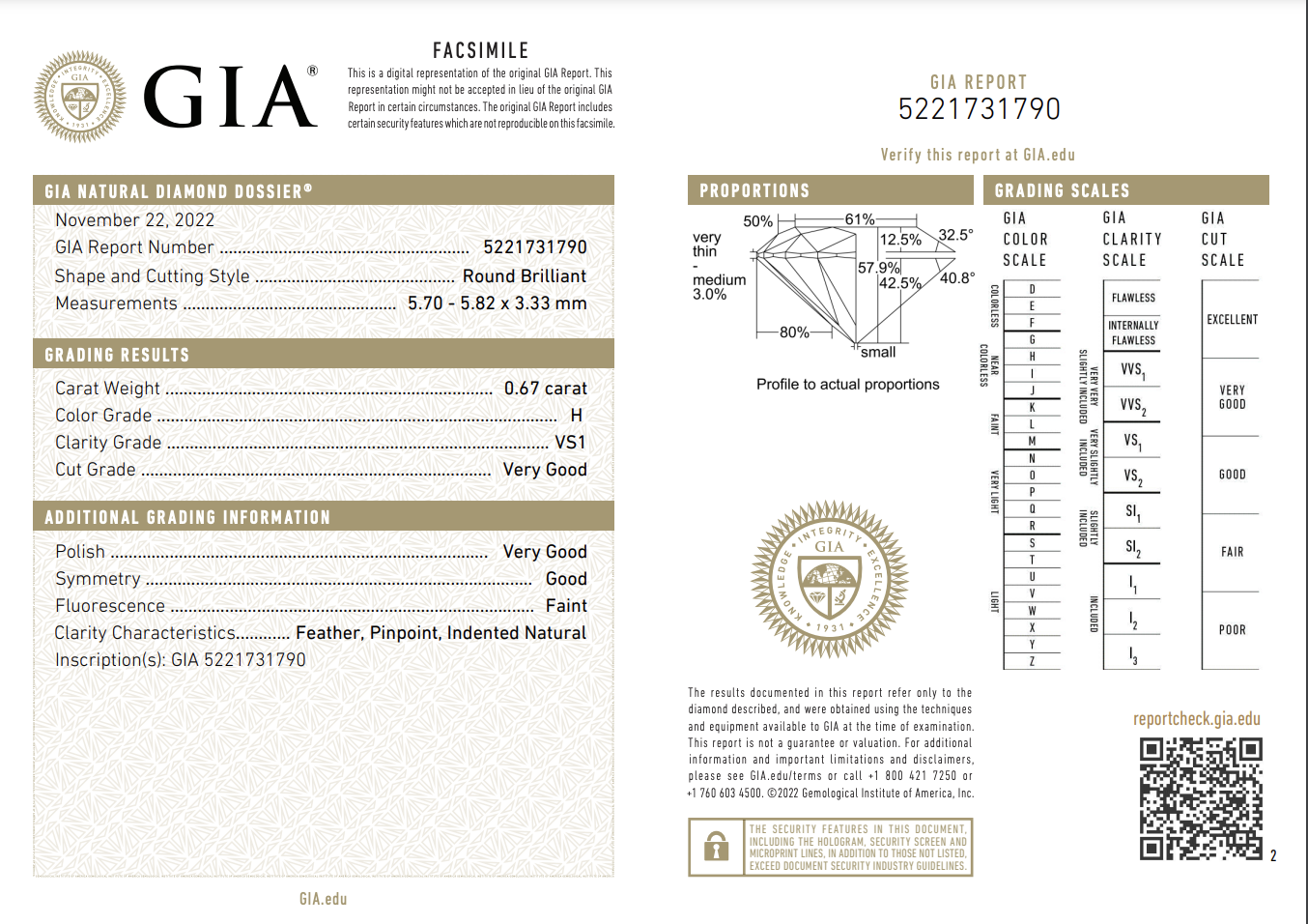 GIA# 5221731790 Loose .67ct Transitional Round Brilliant Cut Diamond 5.82x 5.70 x 3.33mm GIA H-VS1