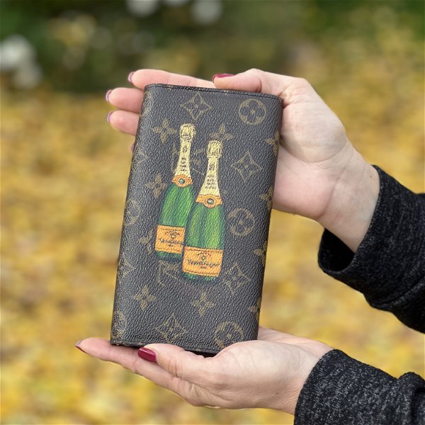Closeup photo of Custom Vintage LOUIS VUITTON Monogram Hand Painted Champagne Snap & Zip SARAH Wallet 19x10.5cm