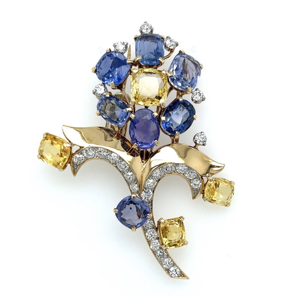 Closeup photo of Platinum & 18K CARTIER 42.00tcw Blue, Purple & Yellow Sapphires & 2.10tcw Diamond Brooch 22.3g, 2.6x2"
