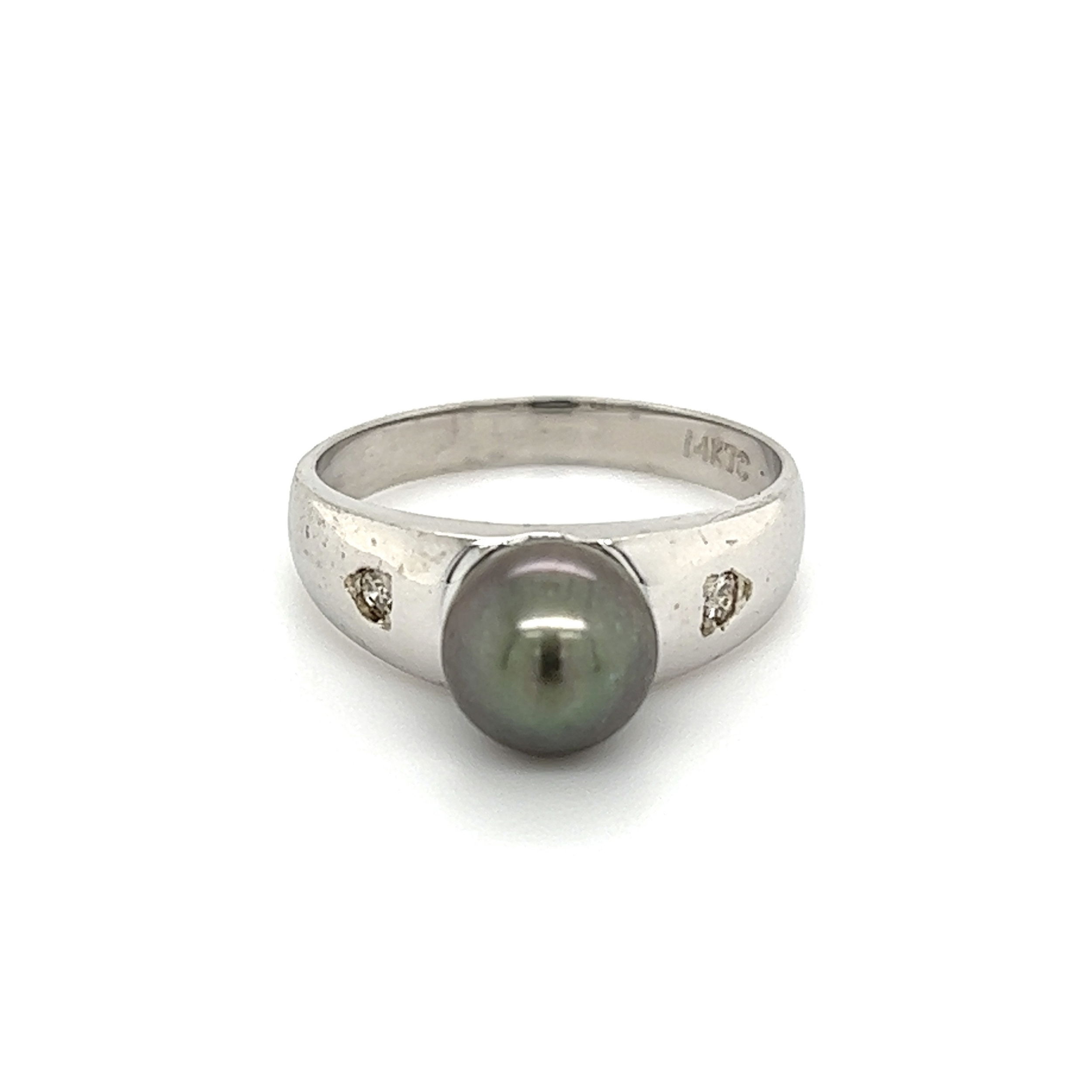 14K WG 7.25mm Black Pearl & Diamond Ring 2.8g, s6.5 14K WG 7.25mm Black Pearl & Diamond Ring 2.8g, s6.5
