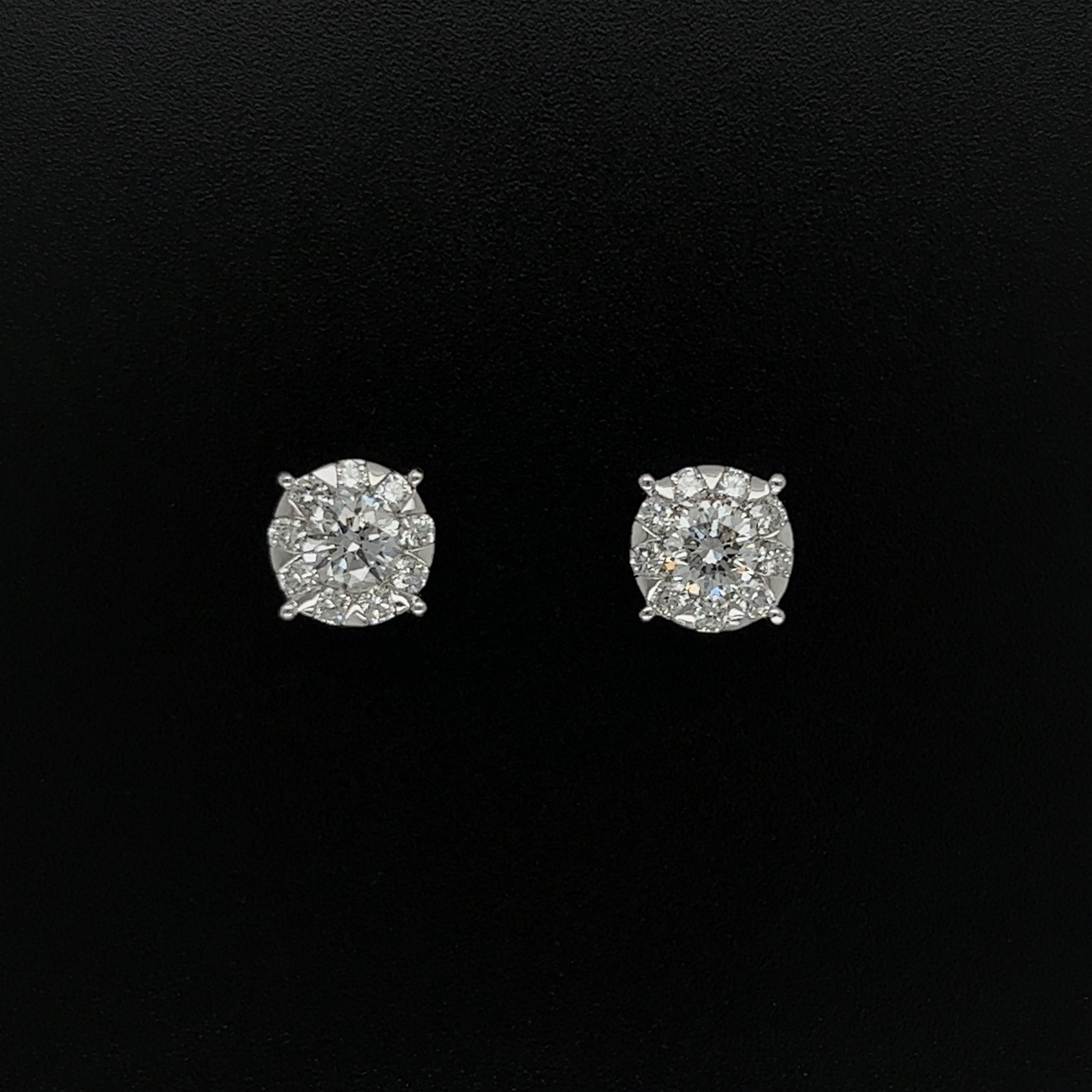 18K WG MEMOIRE 1.03tcw Diamond Cluster Stud Earrings 3.78g, 7.4mm