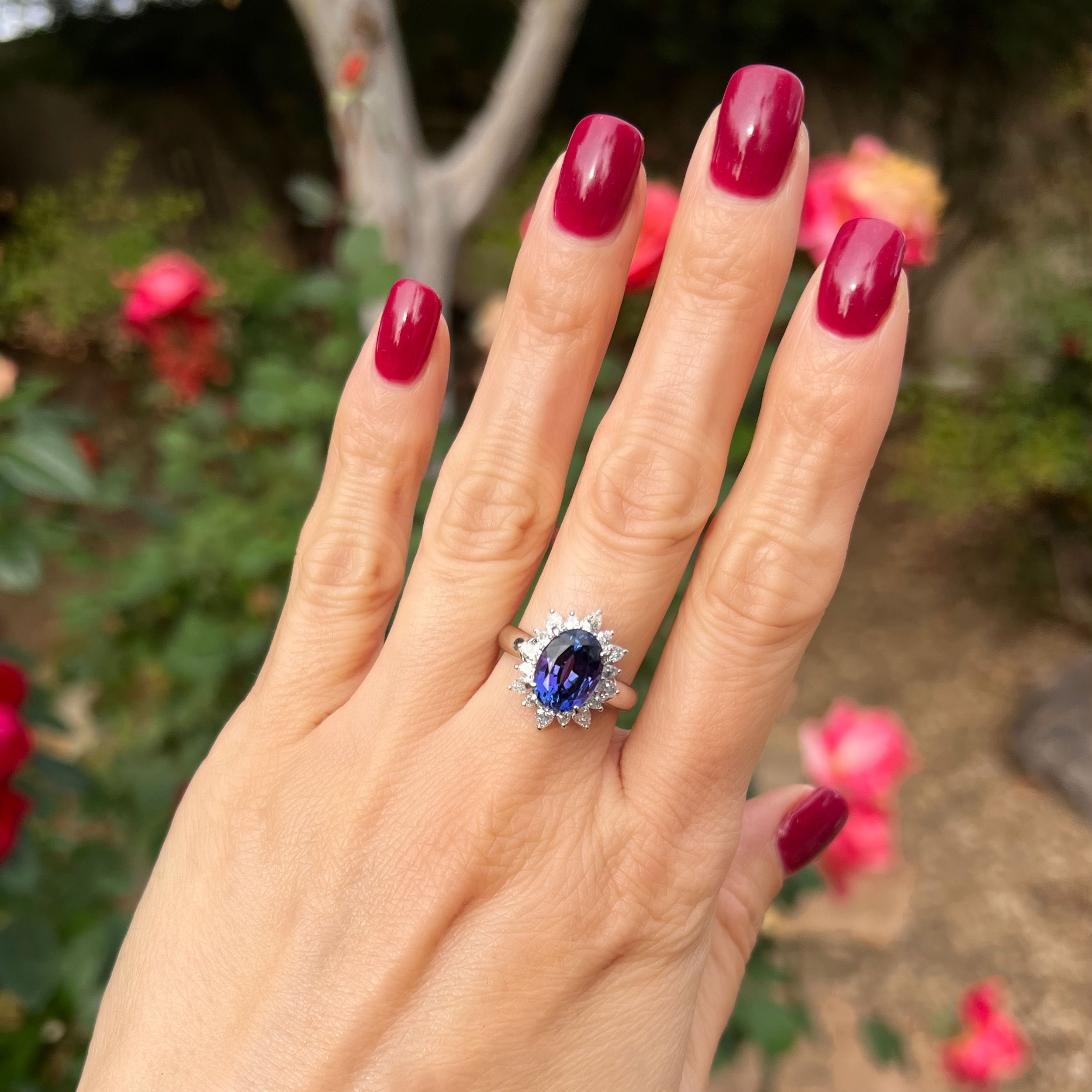 Platinum 4.00ct Oval Tanzanite & 1.02tcw Pear Diamond Halo Ring 8.3g, s7.5 Platinum 4.00ct Oval Tanzanite & 1.02tcw Pear Diamond Halo Ring 8.3g, s7.5